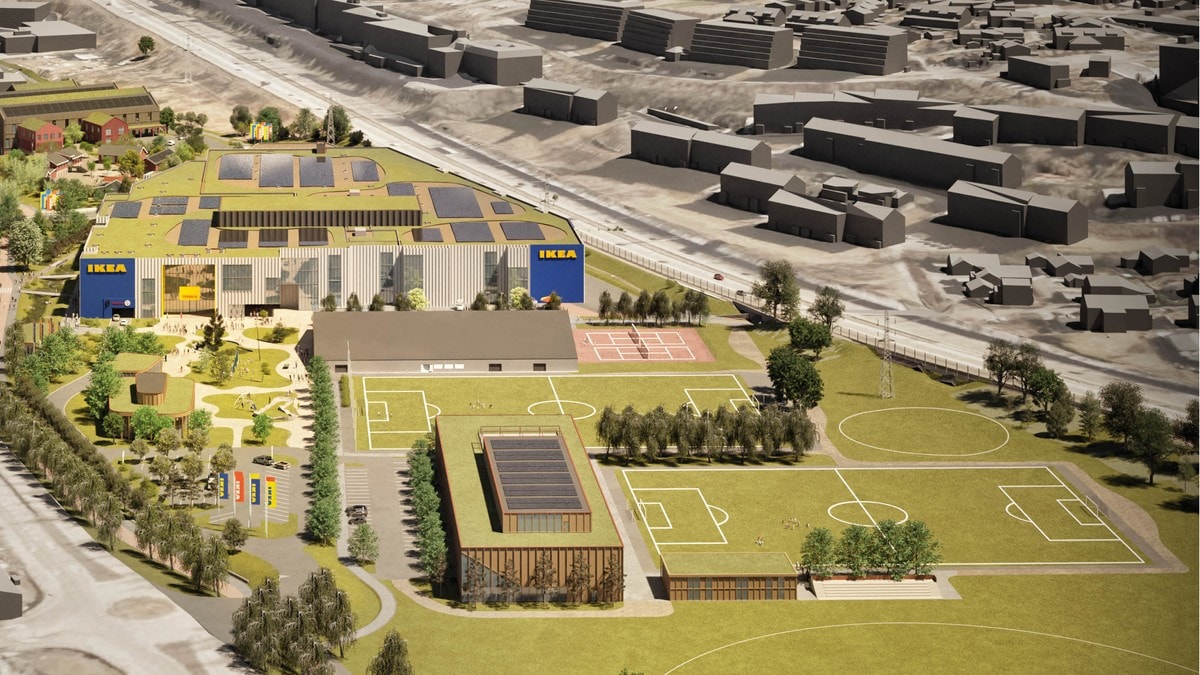 En illustrasjon som viser et nytt, stort Ikea-varehus på Furuset, ved siden av et idrettsanlegg med blant annet to fotballbaner og to haller, og et torg. I bakgrunnen sees flere renoverte bygg på Kaggen gård. FOTO: Ikea/Bjørbekk og Lindheim En illustrasjon som viser et nytt, stort Ikea-varehus på Furuset, ved siden av et idrettsanlegg med blant annet to fotballbaner og to haller, og et torg. I bakgrunnen sees flere renoverte bygg på Kaggen gård. FOTO: Ikea/Bjørbekk og Lindheim
