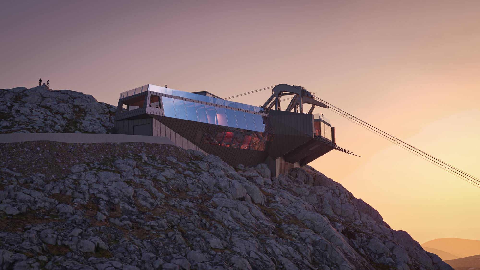 Illustrasjon av en fjellstasjon med kabelbane på en steinete topp i solnedgang. (Bildebeskrivelsen er laget av en KI-tjeneste)