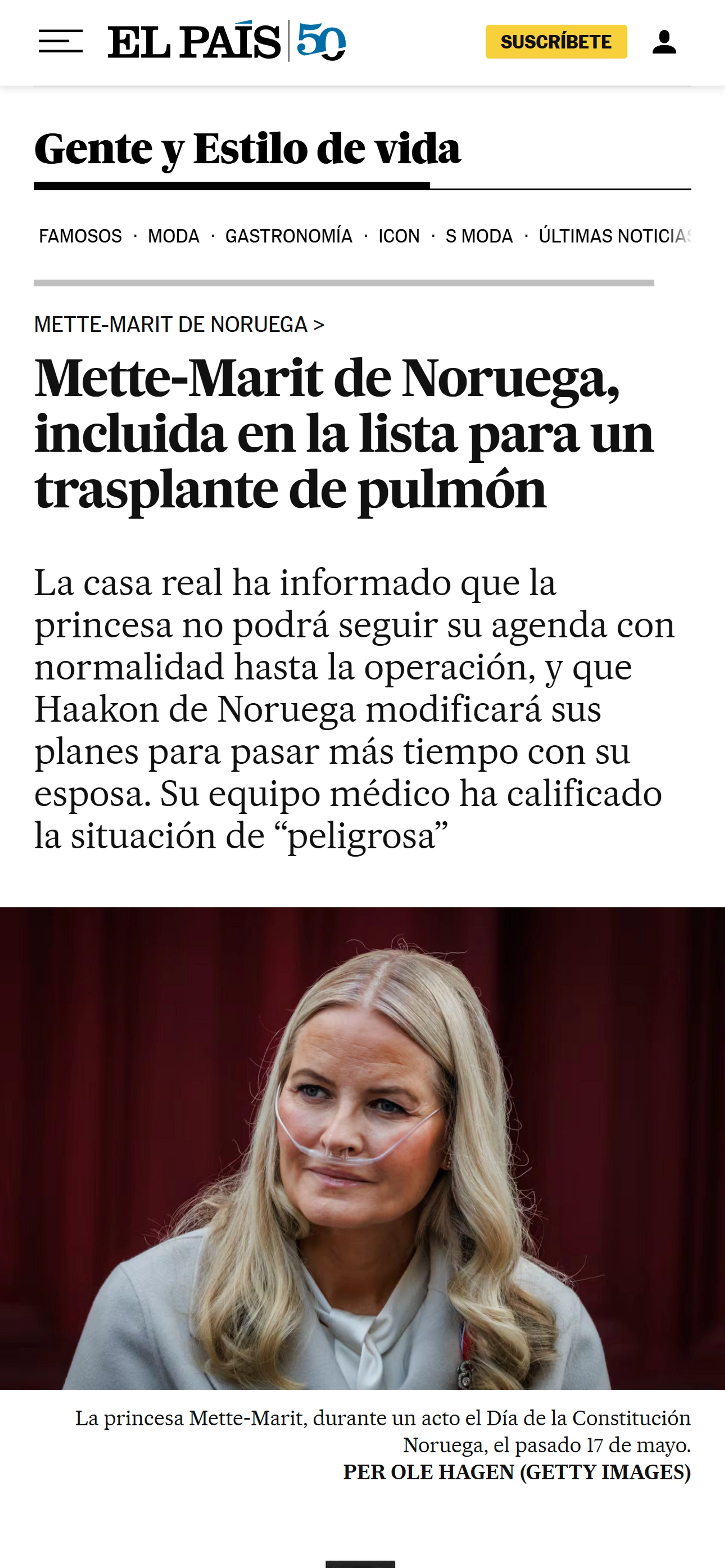 El Pais skriver om saken: Mette-Marit av Norge - tatt inn på listen for lungetransplantasjon