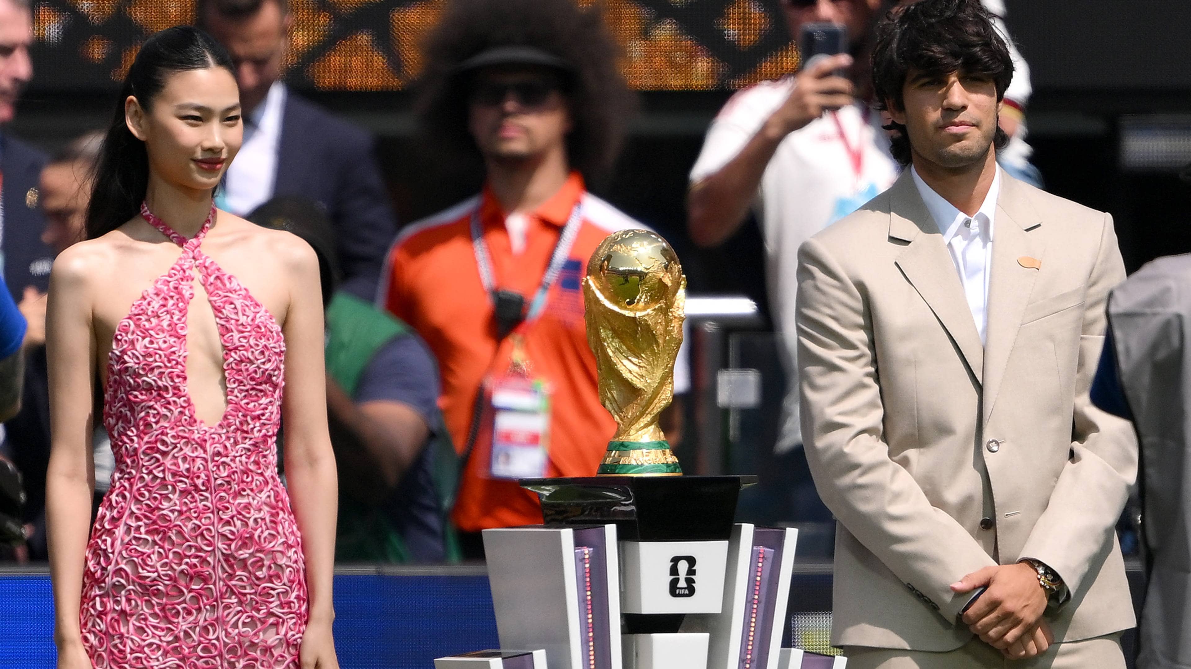 Carlos Alcaraz and Hoyeon present the FIFA World Cup Winners Trophy before the FIFA World Cup 2026 Final match between Spain and Argentina at New York New Jersey Stadium on July 19, 2026