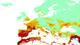 EUs brannovervåkingstjeneste (EU Copernicus / EFFIS) Kart som viser markeringer i rødt, oransje og gult for skogbrannfare. Spesielt Spania, Portugal og Frankrike peker seg ut med mye rødt.
