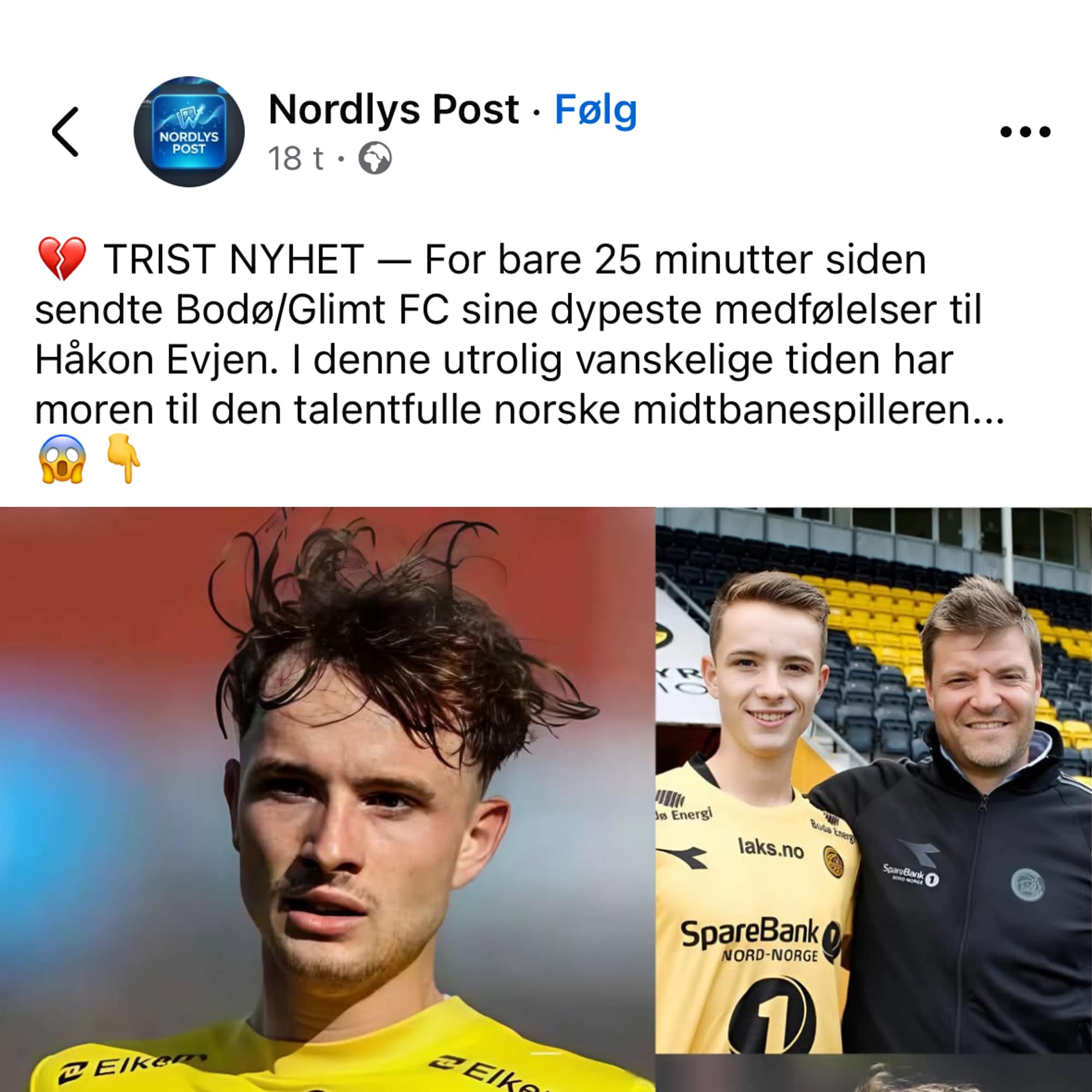 Skjermdump av falsk Facebook-post om at moren til Bodø/Glimt-spiller Håkon Evjen er gått bort.