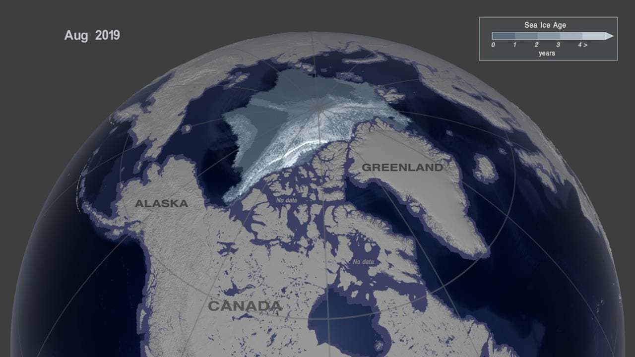 This image shows the Arctic sea ice age in August, 2019