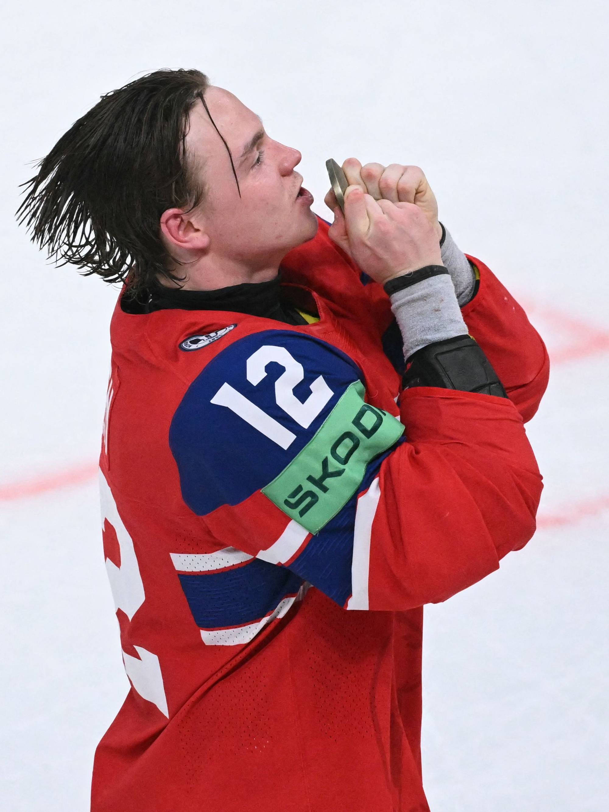 Ishockeyspiller med nummer 12 på drakten jubler på isen. Han har hendene samlet foran munnen. Bildet er tatt på nært hold. (Bildebeskrivelsen er laget av en KI-tjeneste)