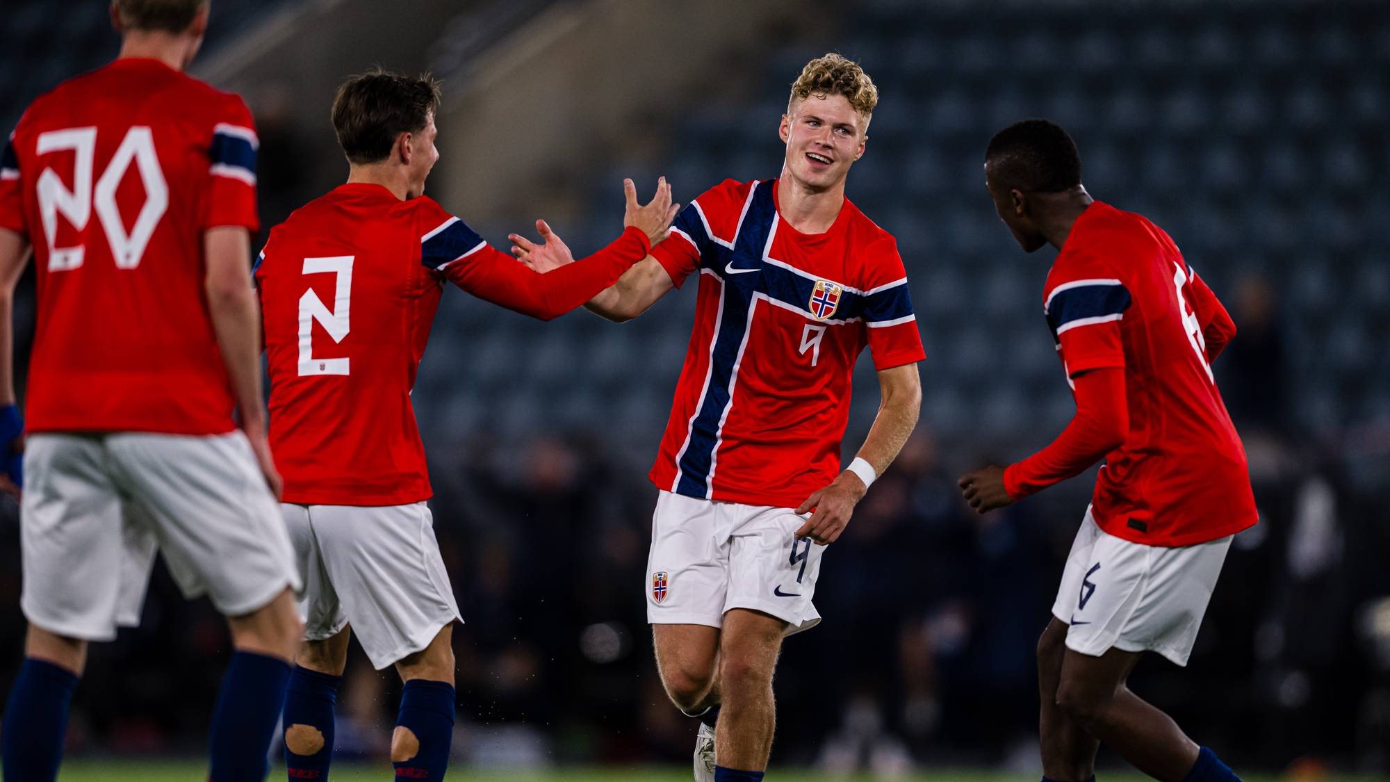 260929 Sindre Walle Egeli of Norway celebrates after scoring the 4-1 goal during the UEFA European Under-21 Qualifier football match between Norway and Bosnia-Herzegovina on September 29, 2026 in Stavanger.
Photo: Marius Simensen / BILDBYRÅN / COP 238