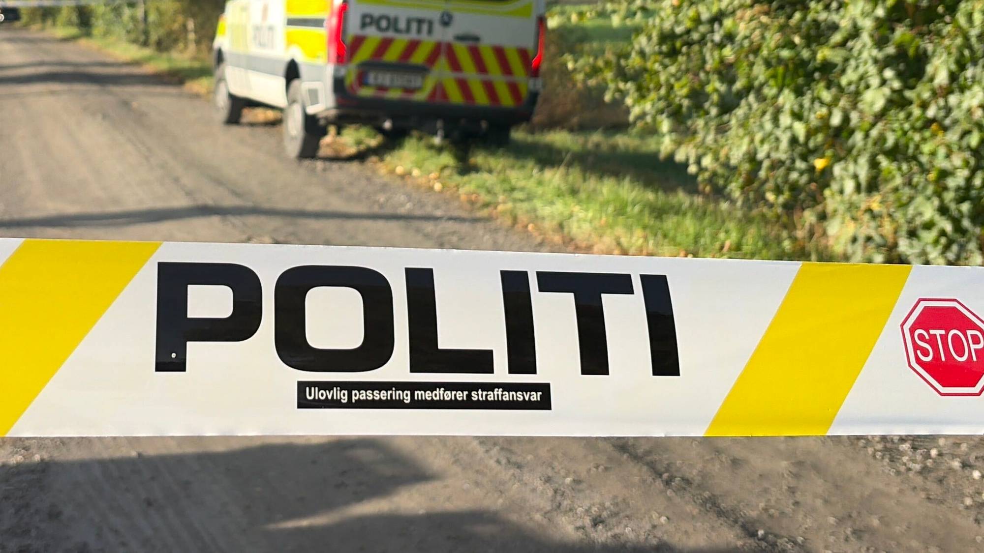 Politisperringer i skogen med en politibil i bakgrunnen