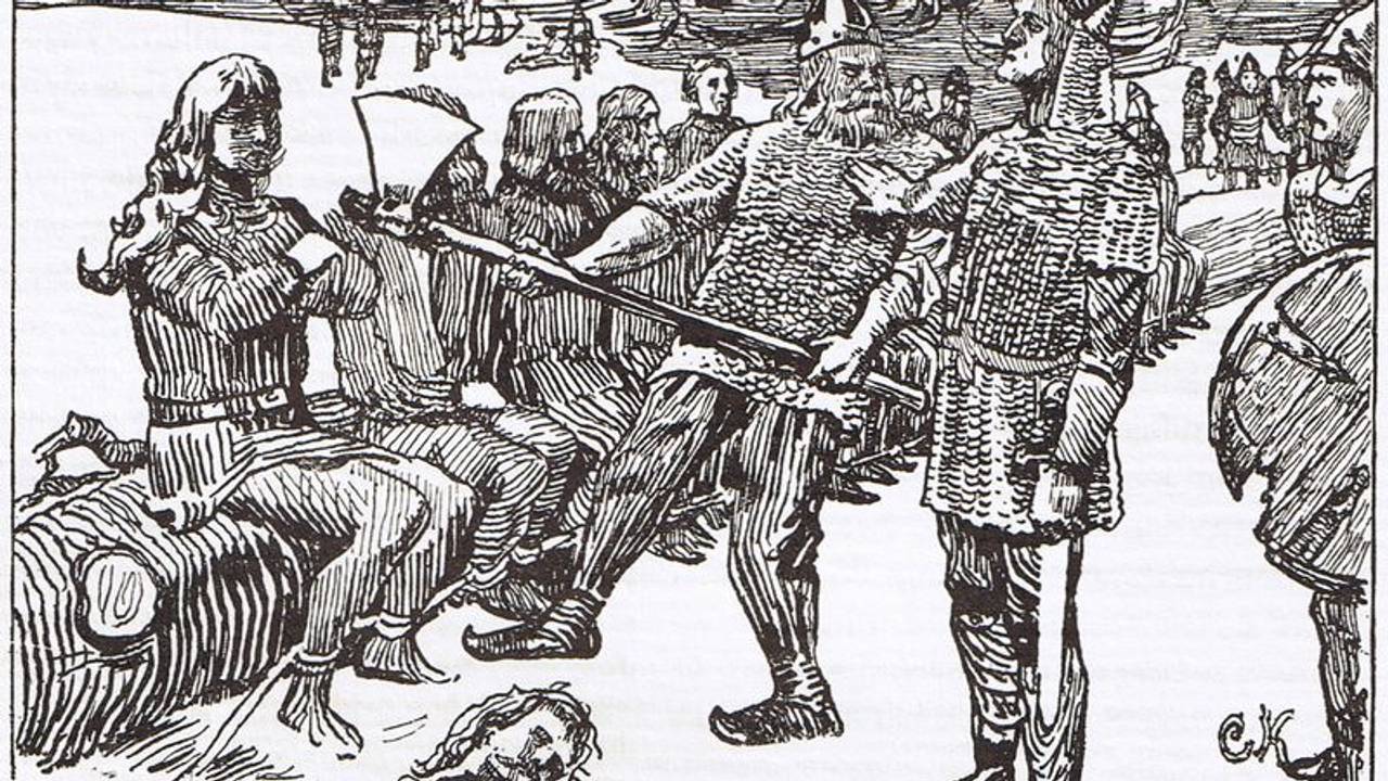 Jomsvikinger henrettes etter slaget ved Hjørungavåg. Tegning av Christian Krohg fra Snorre Sturlasons kongesagaer.