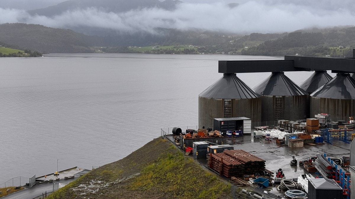 Industrianlegg med siloer ved en fjord, omkranset av fjell i skyet vær. (Bildebeskrivelsen er laget av en KI-tjeneste) FOTO: Nils Ole Refvik/NRK
