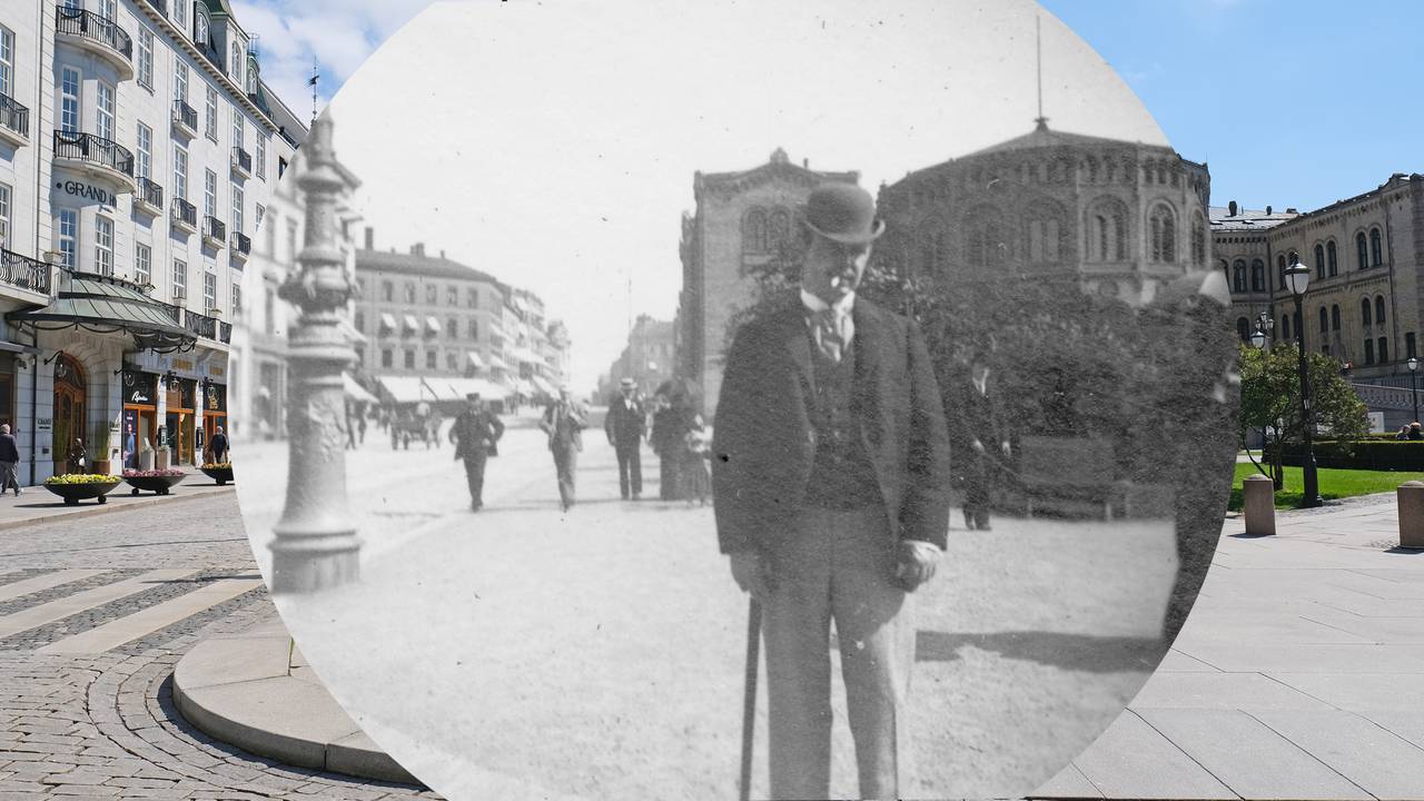 Wilhelm Schlytter står ved Karl Johans gate, Oslo, med Stortinget bak. Tatt av Carl Størmer på 1890-tallet. Rammet inn i 2021.