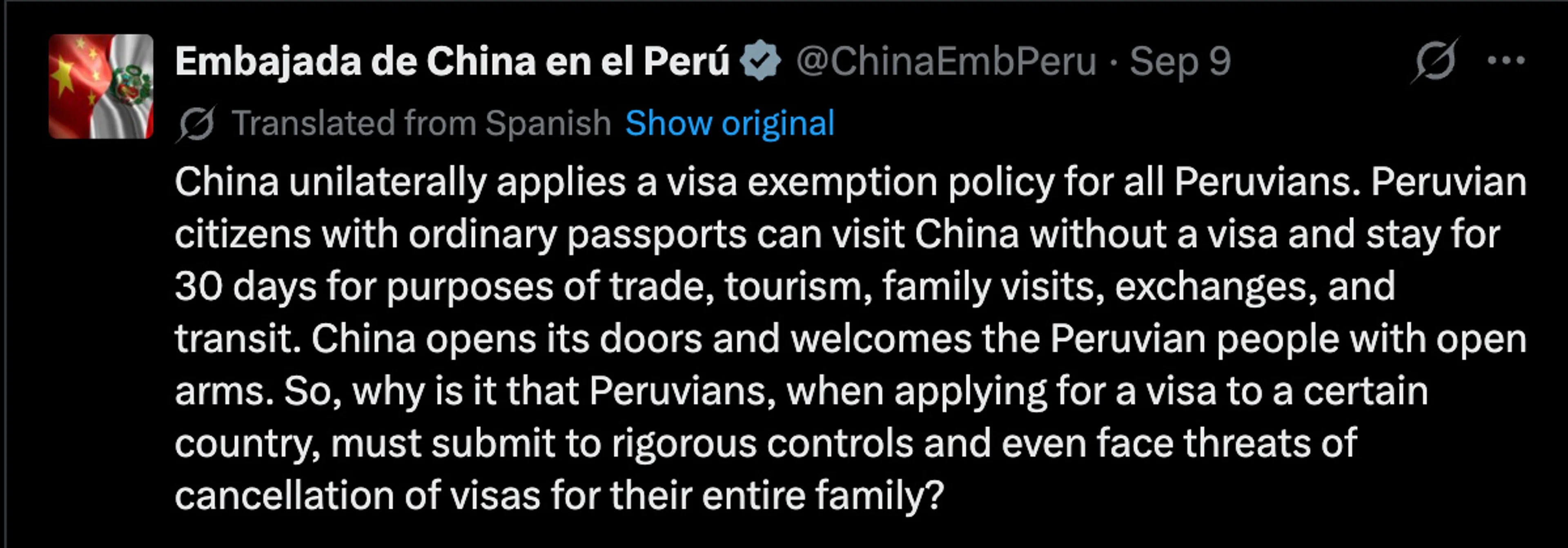Skjermbilde av en X-melding fra Kinas ambassade i Peru