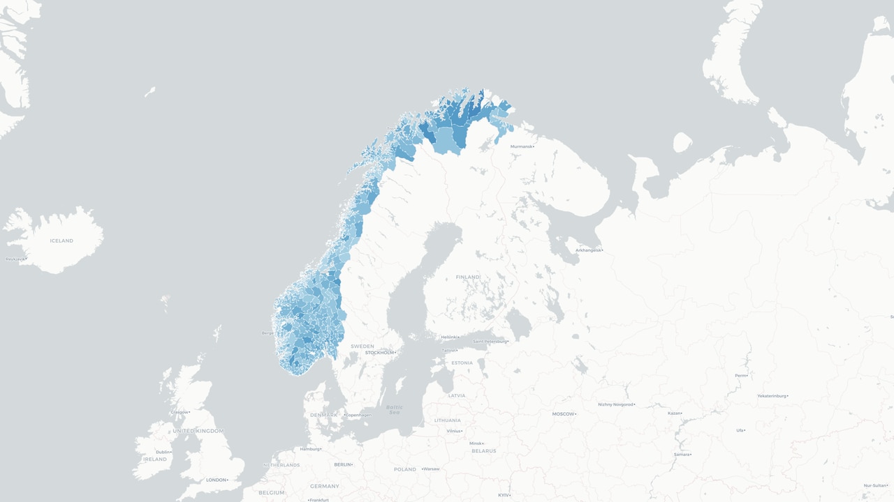 Bevegelsesdata fra Telenor Research mandag 16. mars 2020 per kommune (bredde)
