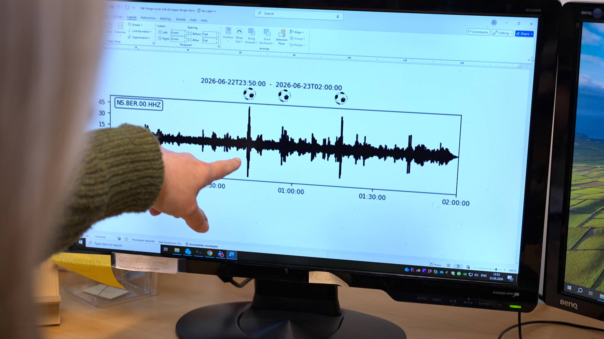 Seismometeret måler utslag under VM-mål.
