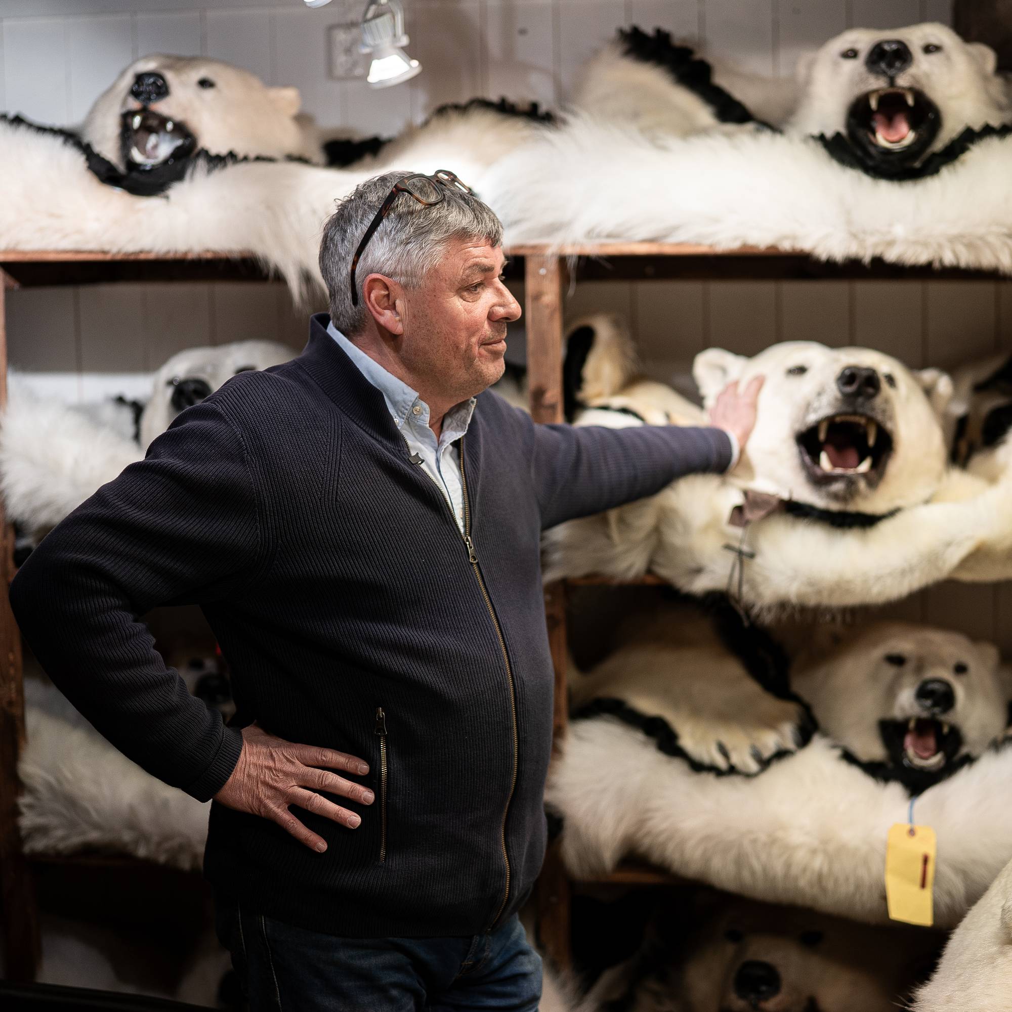Kjøpmann Kjetil Sørensen foran hyllene med utstoppede isbjørnskinn i det han omtaler som et "secret room" i nærheten av butikken hans på Bryggen i Bergen. 