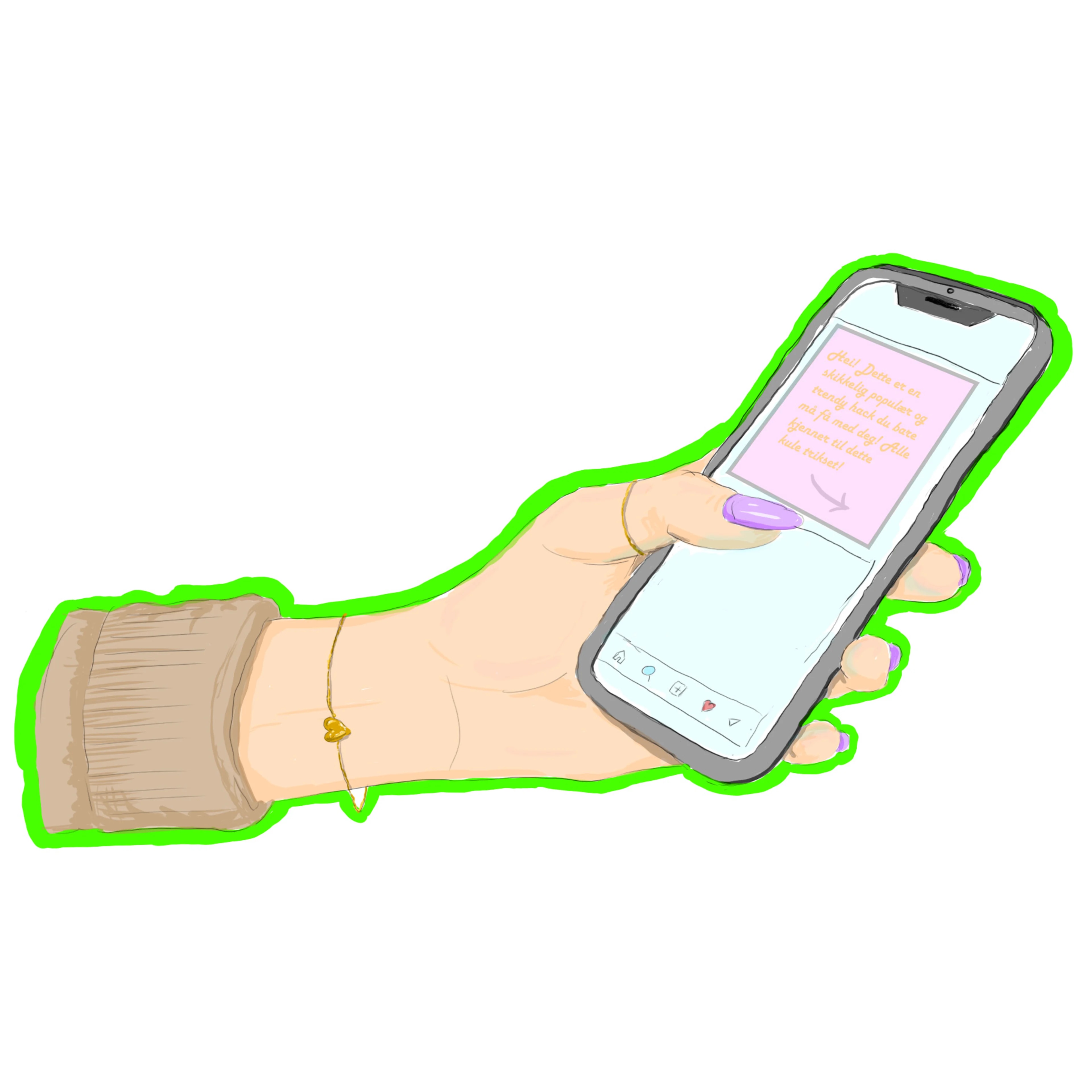 Illustrasjon av en hånd som holder en mobiltelefon. På skjermen ser vi det som skal ligne et innlegg på sosiale medier. Innlegget har dårlig kontrast og er vanskelig å lese, noe som er intensjonen med illustrasjonen. På skjermen står det: "Hei! Dette er en skikkelig populær og trendy hack du bare må få med deg! Alle kjenner til dette kule trikset!" Fargene innlegget er svak oransje skrift på dus rosa bakgrunn.