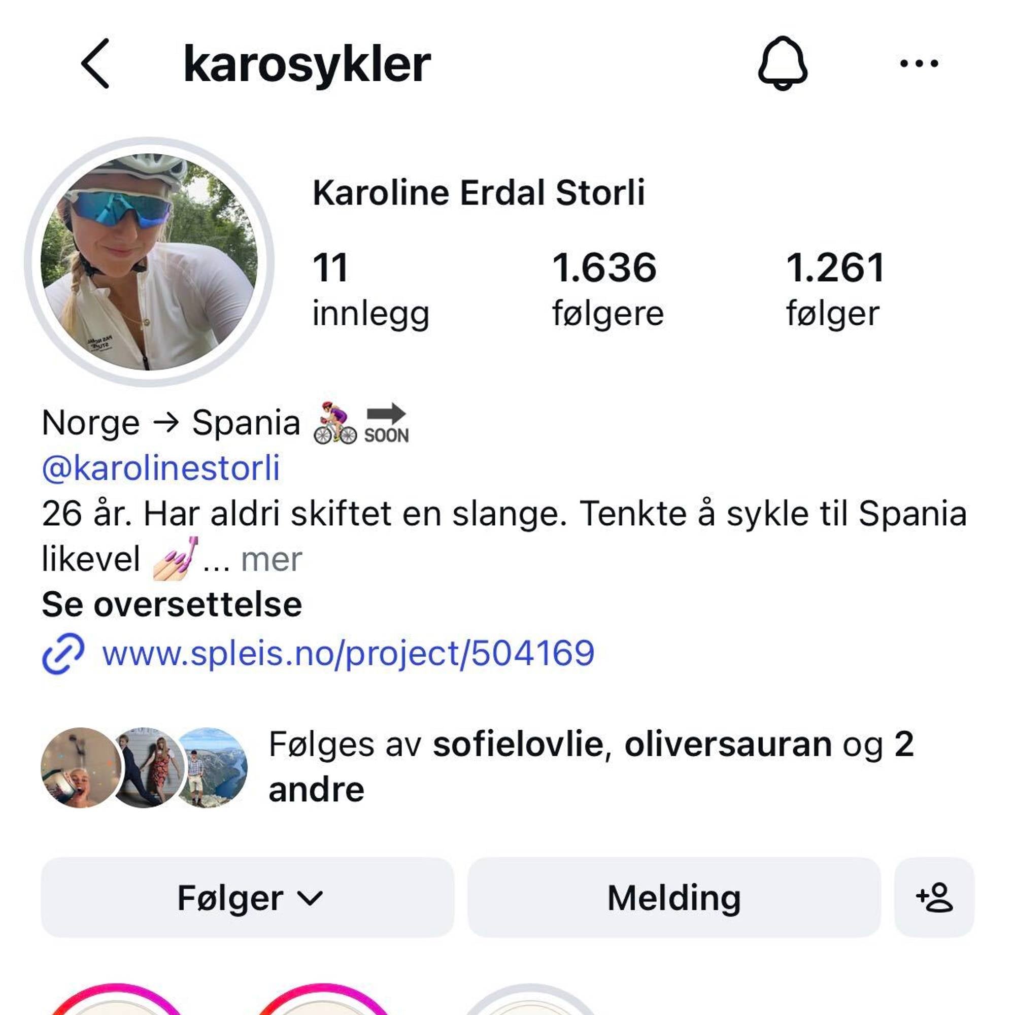 Et skjermbilde av en profilen "karosykler" på Instagram. 
