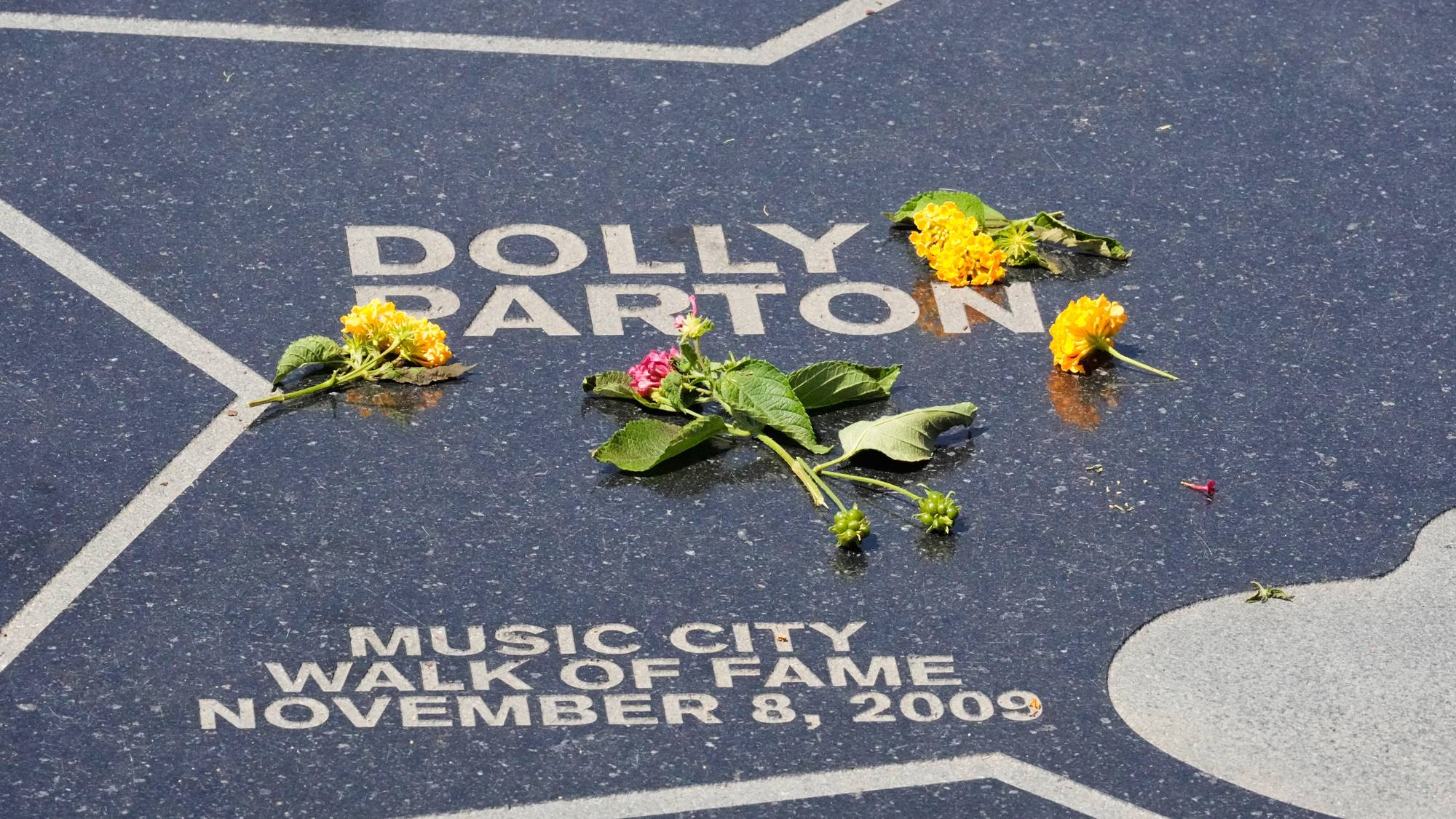Blomster er lagt på Dolly Partons stjerne på Walk of Fame i Nashville 25. august 2026.