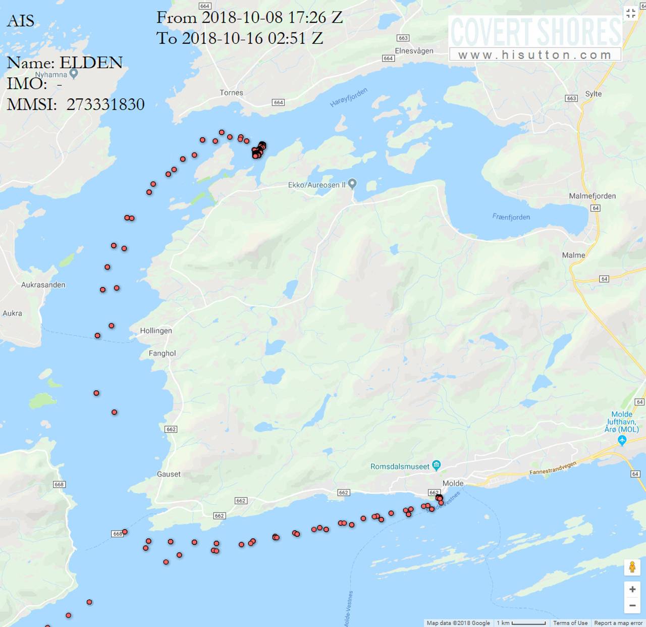 AIS-posisjonar for Elden i oktober 2018