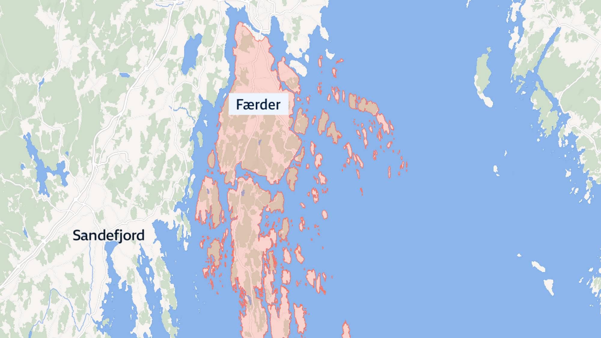 Kart som viser Færder kommune og Sandefjord i Vestfold og Telemark. Et mindre kart til venstre viser den geografiske plasseringen av regionen i Skandinavia. (Bildebeskrivelsen er laget av en KI-tjeneste)