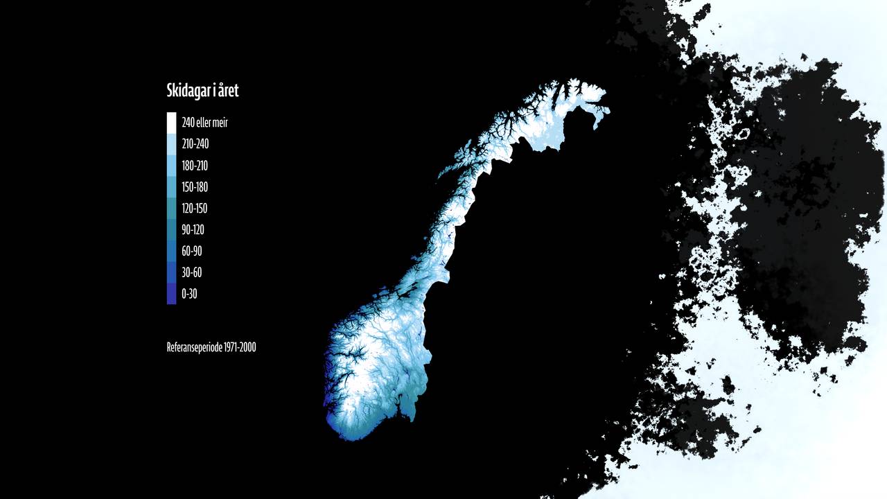 Kart over Norge. Bakgrunnen er svart, kartet er farget i nyanser fra blått til hvitt. Jo hvitere farge, jo flere skidager i løpet av et år i gjennomsnitt mellom 1971 og 2000. Jo blåere farge jo færre skidager. Mest blått langs kysten av hele Norge og innover i Sør-Norge og Østlandet. Hvitest i fjellområdene i Sør Norge og i Nord-Norge.  