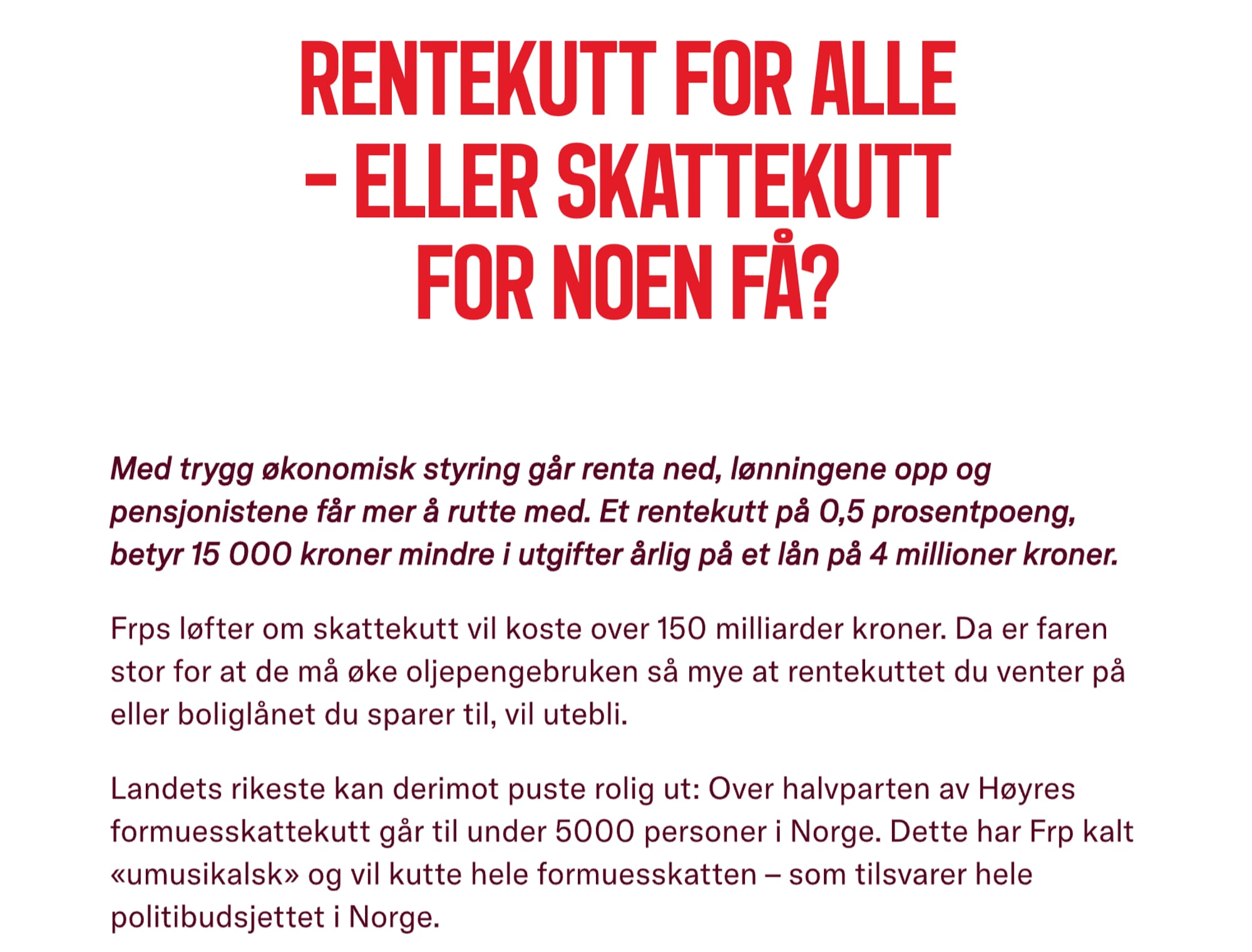 Illustrasjon med politisk tekst om renter, skatt og økonomisk politikk i Norge. (Bildebeskrivelsen er laget av en KI-tjeneste)