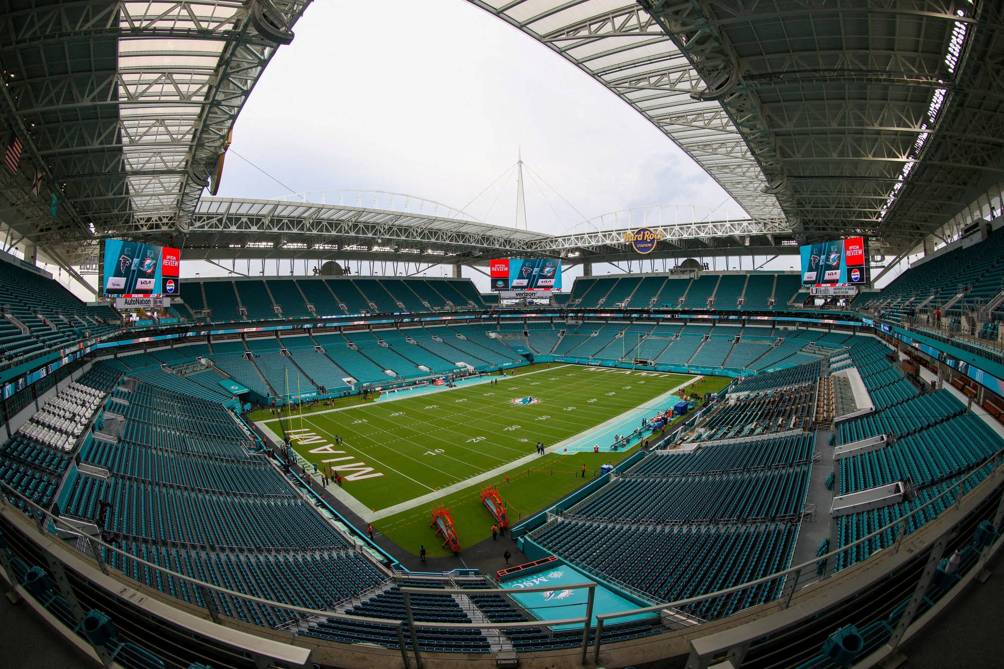 FILE PHOTO: General view of the 12 stadiums set to host the 2025 Club World Cup Aug 9, 2024; Miami Gardens, Florida, USA; a general view of the stadium before a preseason game between the Atlanta Falcons and Miami Dolphins at Hard Rock Stadium. Mandatory Credit: Nathan Ray Seebeck-USA TODAY Sports/File Photo