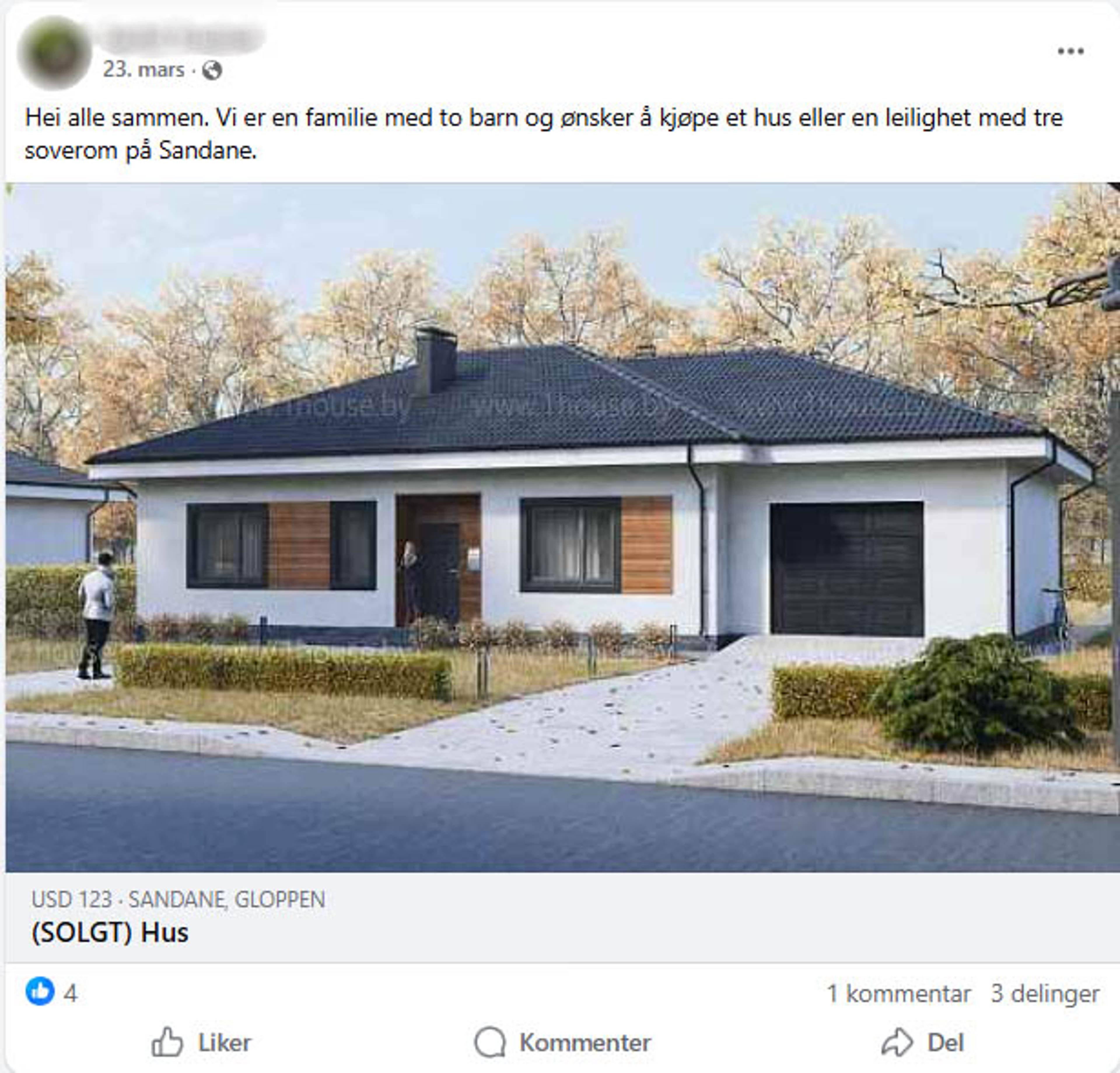 Bilde av et moderne hvitt hus med mørkt tak og garasjeport. En person står på veien utenfor huset. Rundt huset er det busker og trær. (Bildebeskrivelsen er laget av en KI-tjeneste)