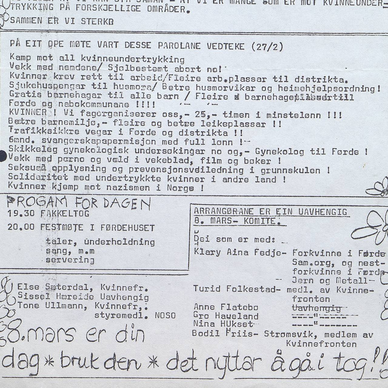 Arkivfoto av 8. mars-plakat frå Førde 1978
