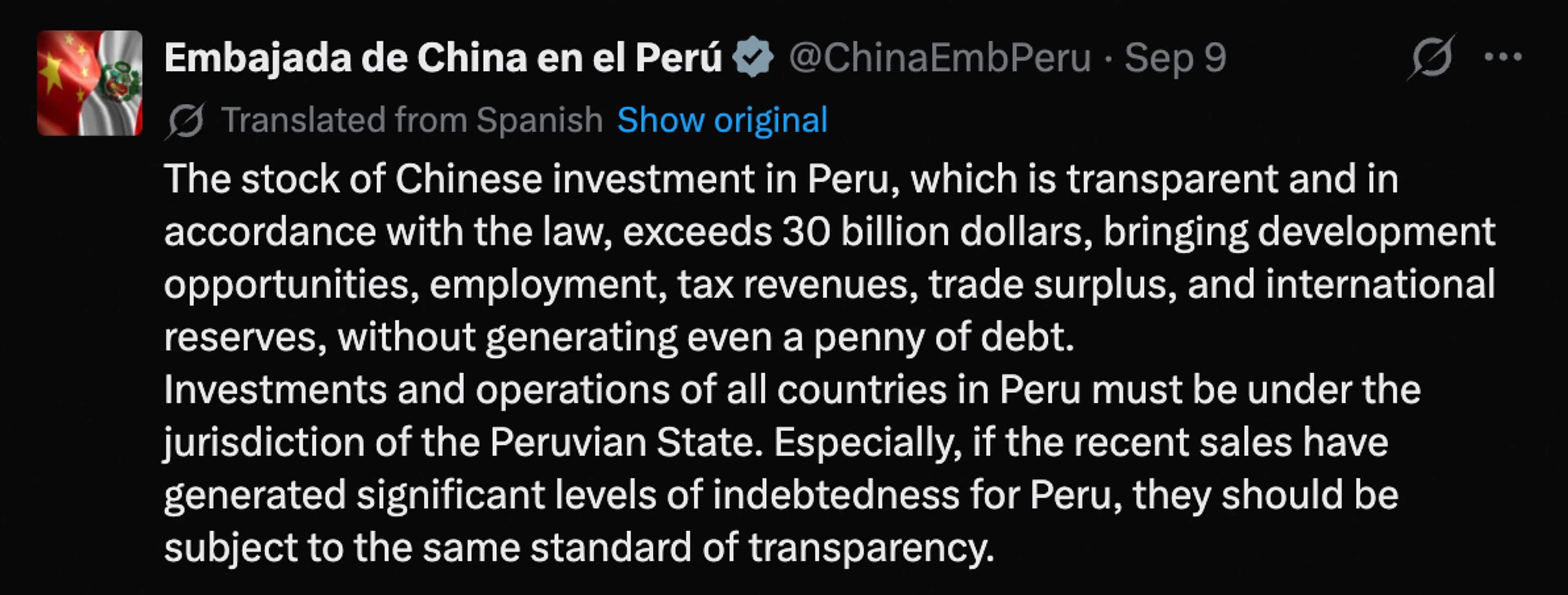 Skjermbilde av et innlegg på X fra den kinesiske ambassaden i Peru