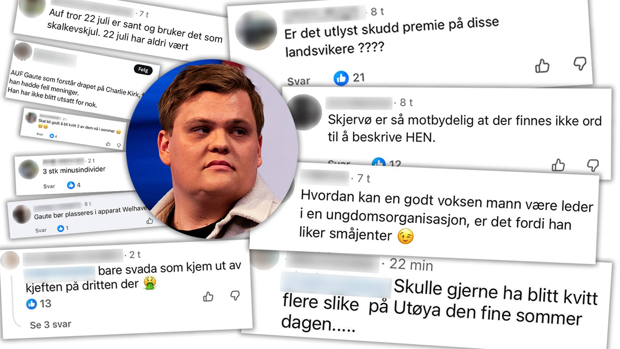 En kollasj av hatefulle kommentarer rundt ert portrett av AUF-leder Gaute Børstad Skjervø