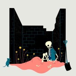 Illustrasjon av skjelett som er sitter inntill en murvegg