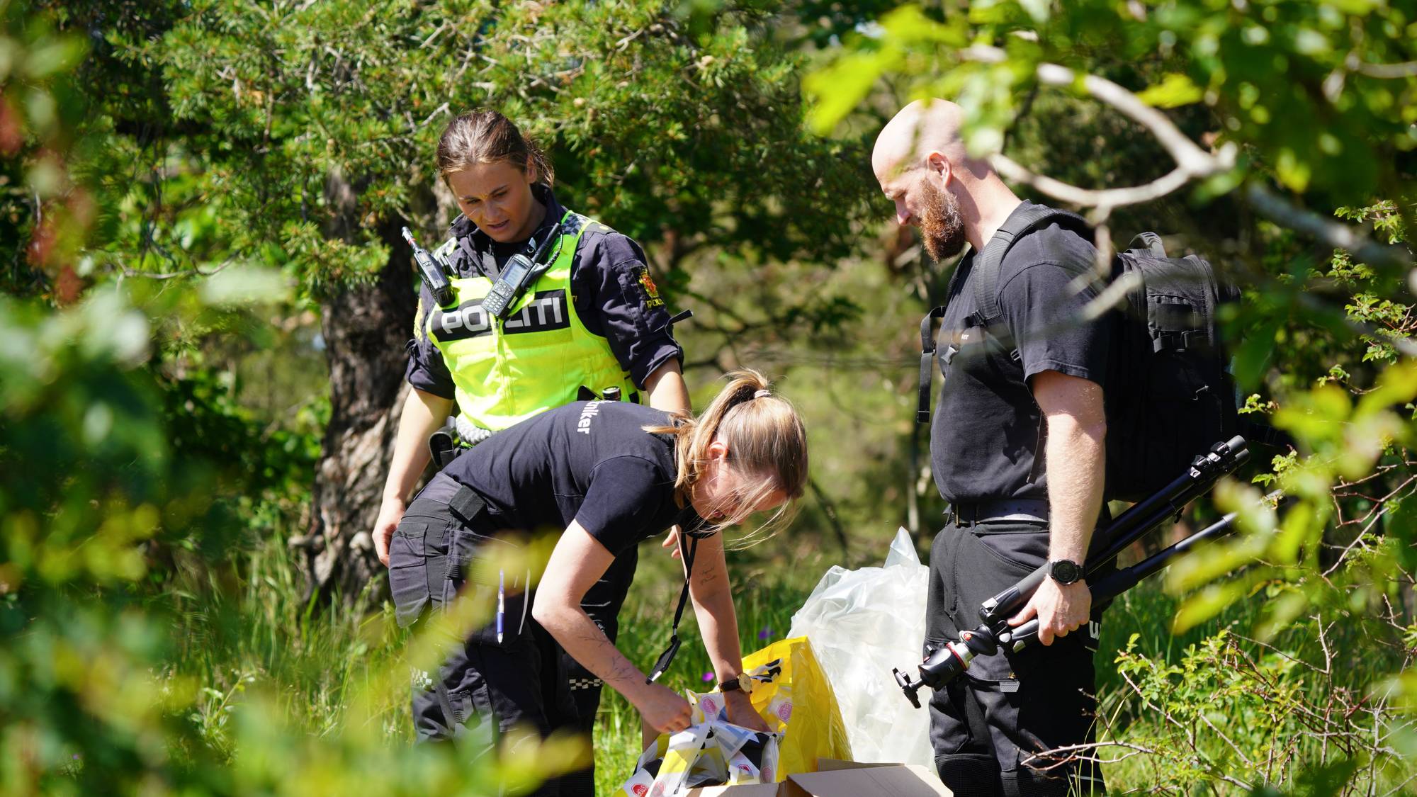 To politibetjenter og en person i sivile klær undersøker et område i skogsterreng.