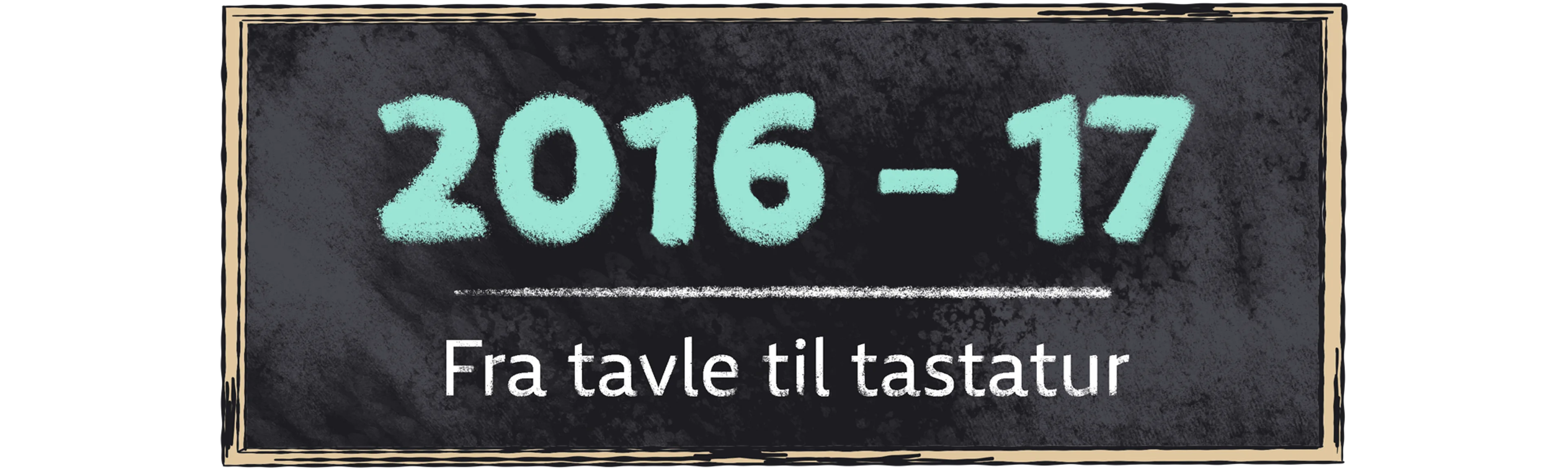 Illustrasjon av en skoletavle med teksten "2016-17: Fra tavle til tastatur" skrevet med kritt.