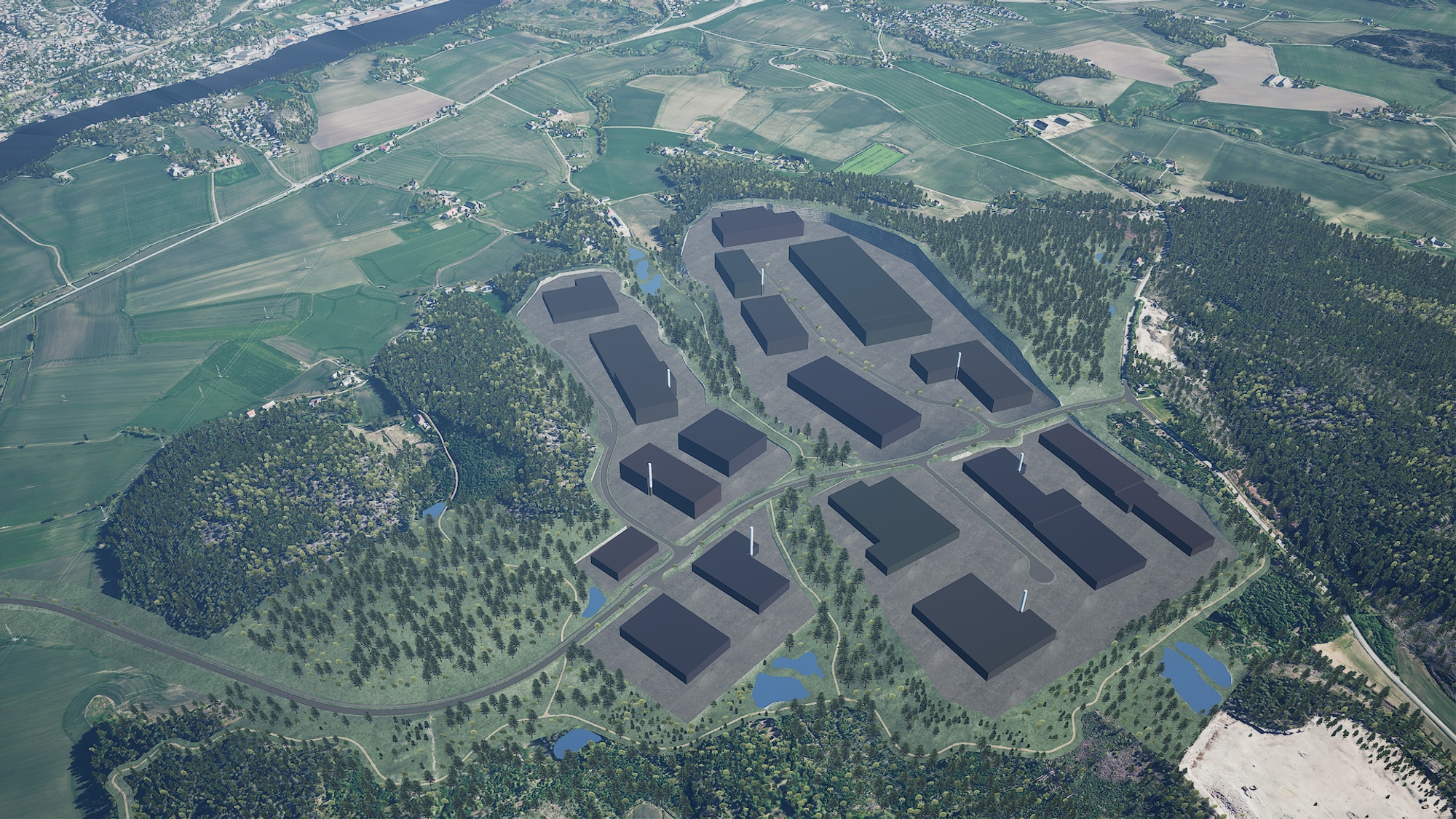 Illustrasjon av industriområde plassert i et skoglandskap sett fra luften. (Bildebeskrivelsen er laget av en KI-tjeneste)