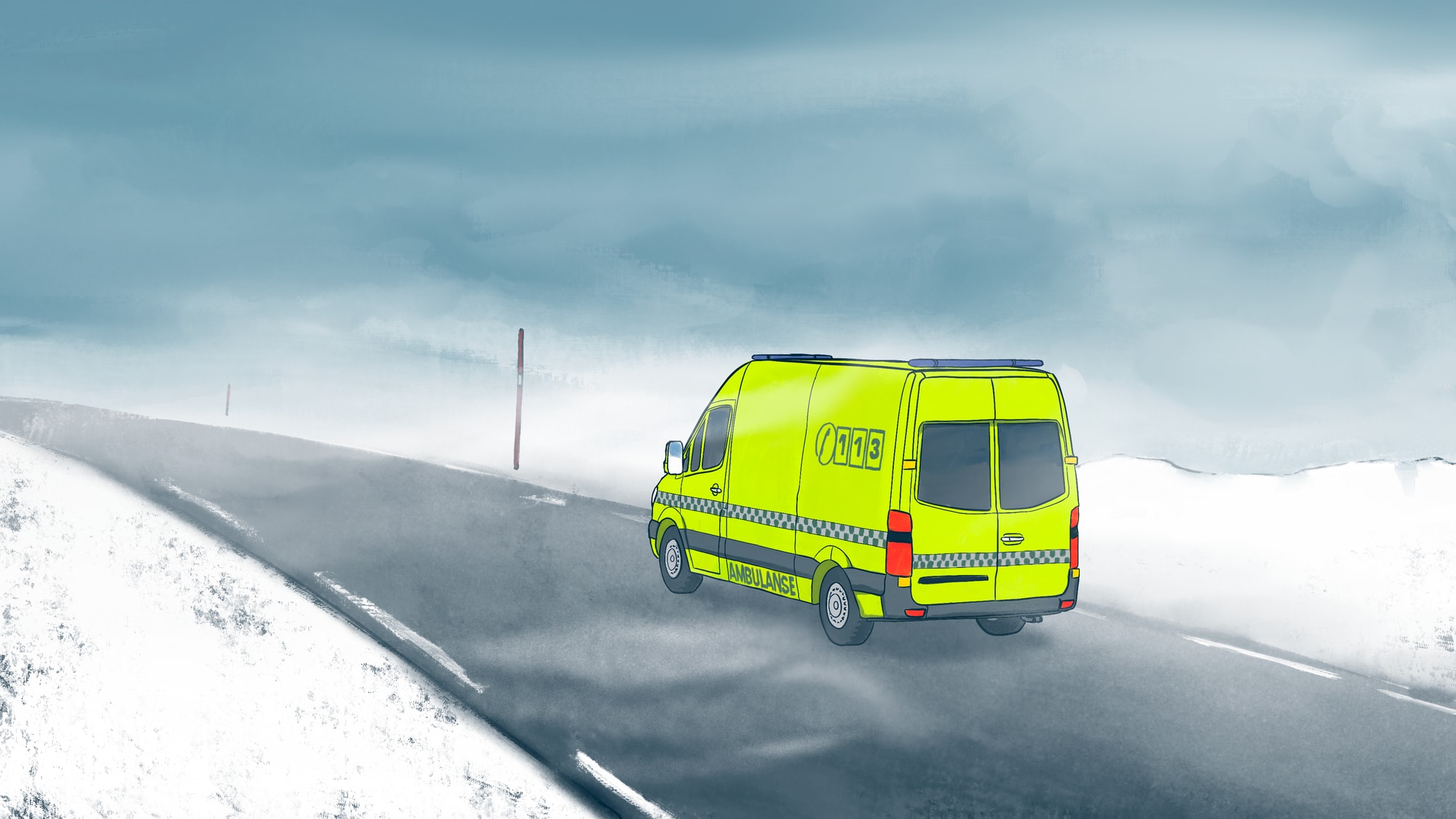 En ambulanse kjører i et forblåst vinterlandskap