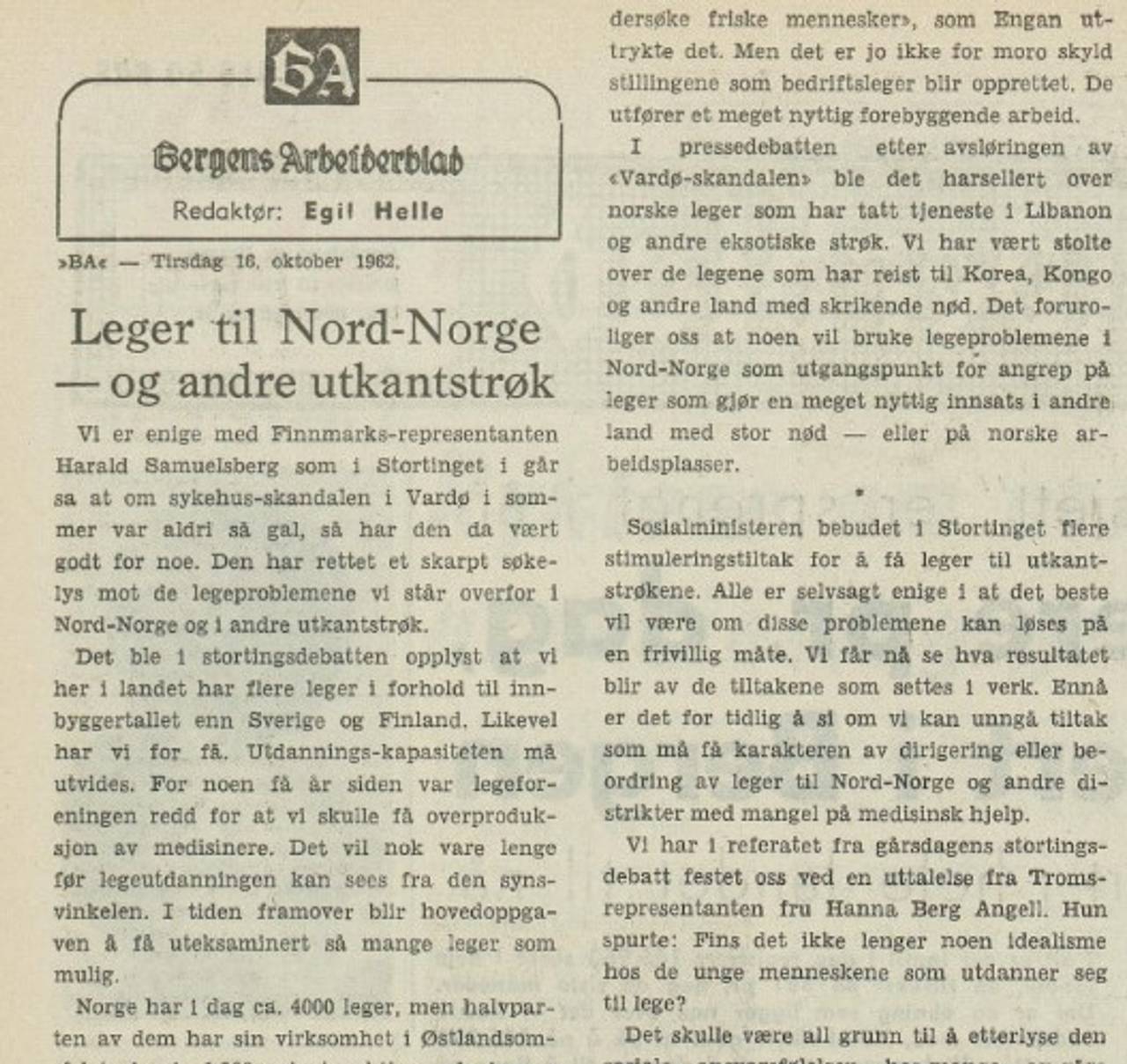 Bergens Arbeiderblad i 1962
