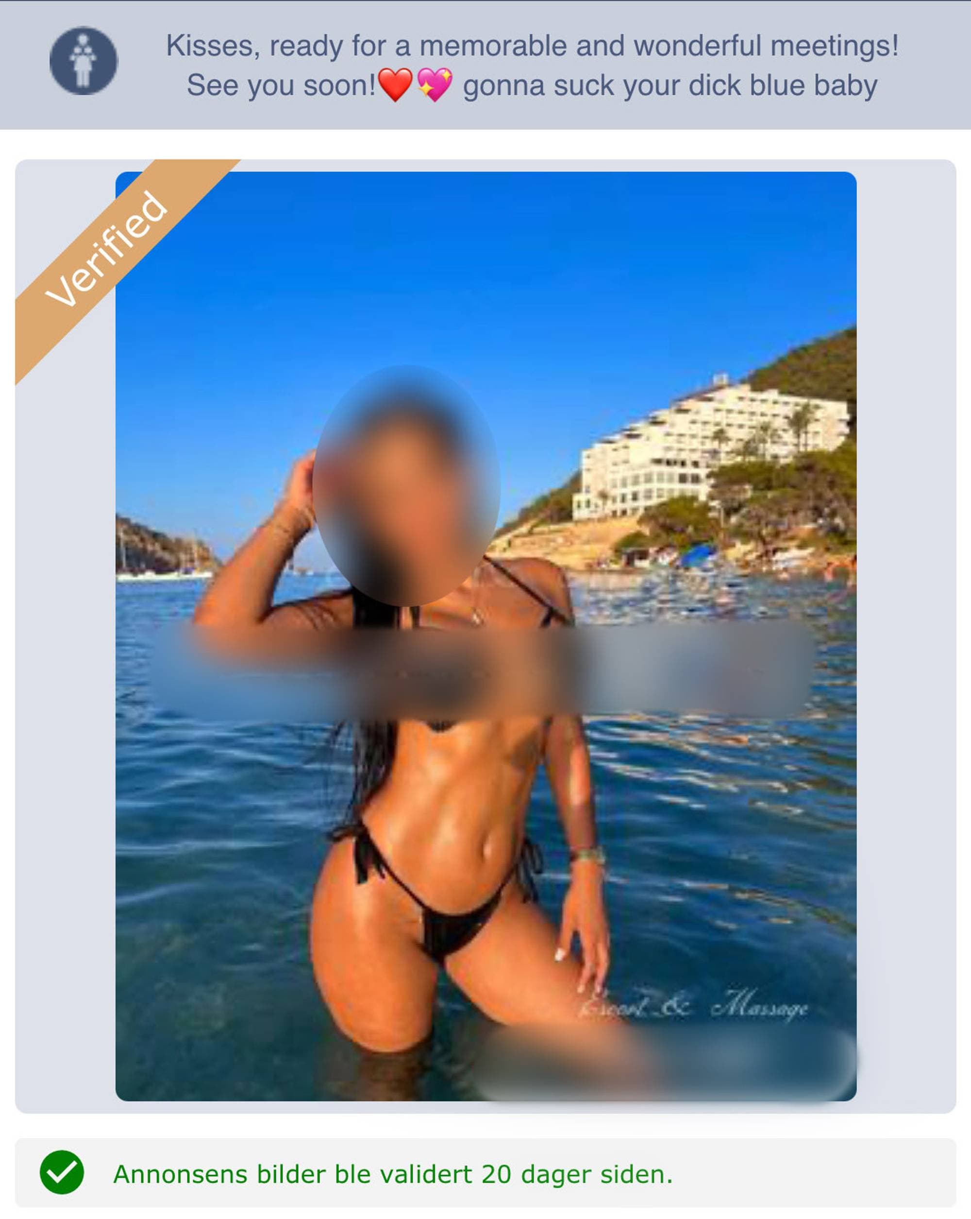 På bildet ser man en annonse for Realescorte Norway. Det er avbildet en kvinne i bikini.