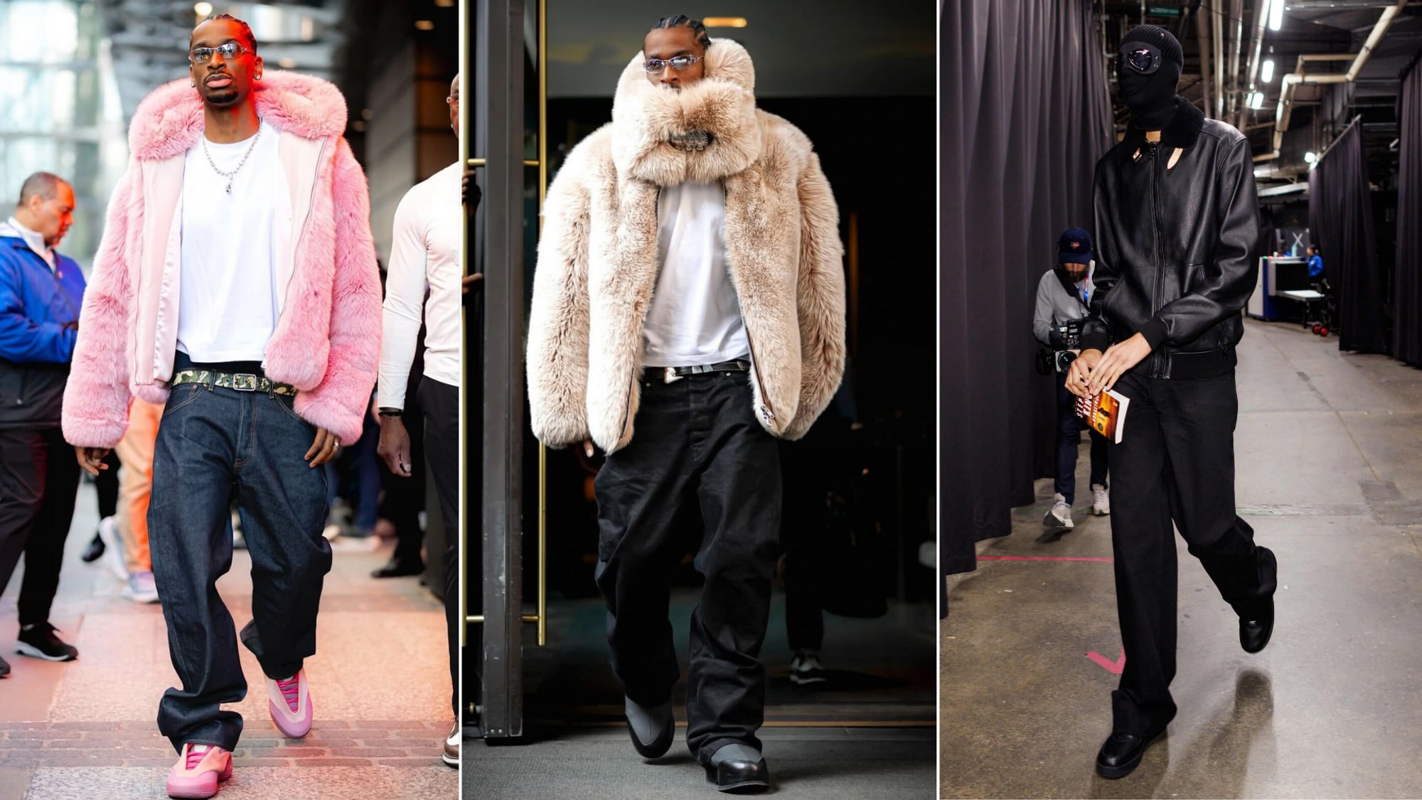 tre menn - han ene i en rosa peljakke med matchende sko, han andre i en stor beige pelsjakke og han siste i helsvart antrekk med maske over hodet. Alle tre går catwalk
