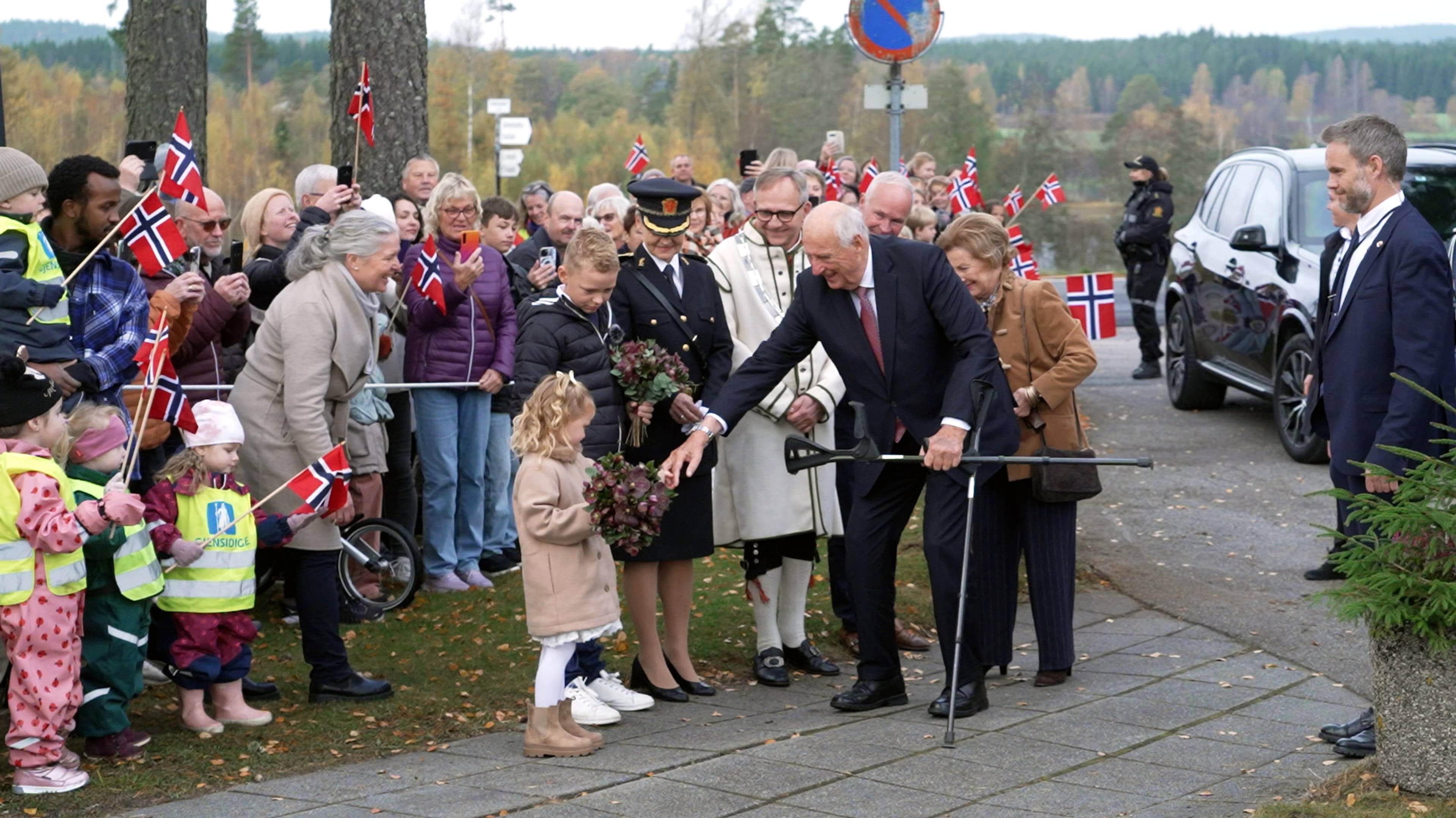 Kong Harald tar imot blomster fra et barn under besøk med folkemengde og flagg. (Bildebeskrivelsen er laget av en KI-tjeneste)