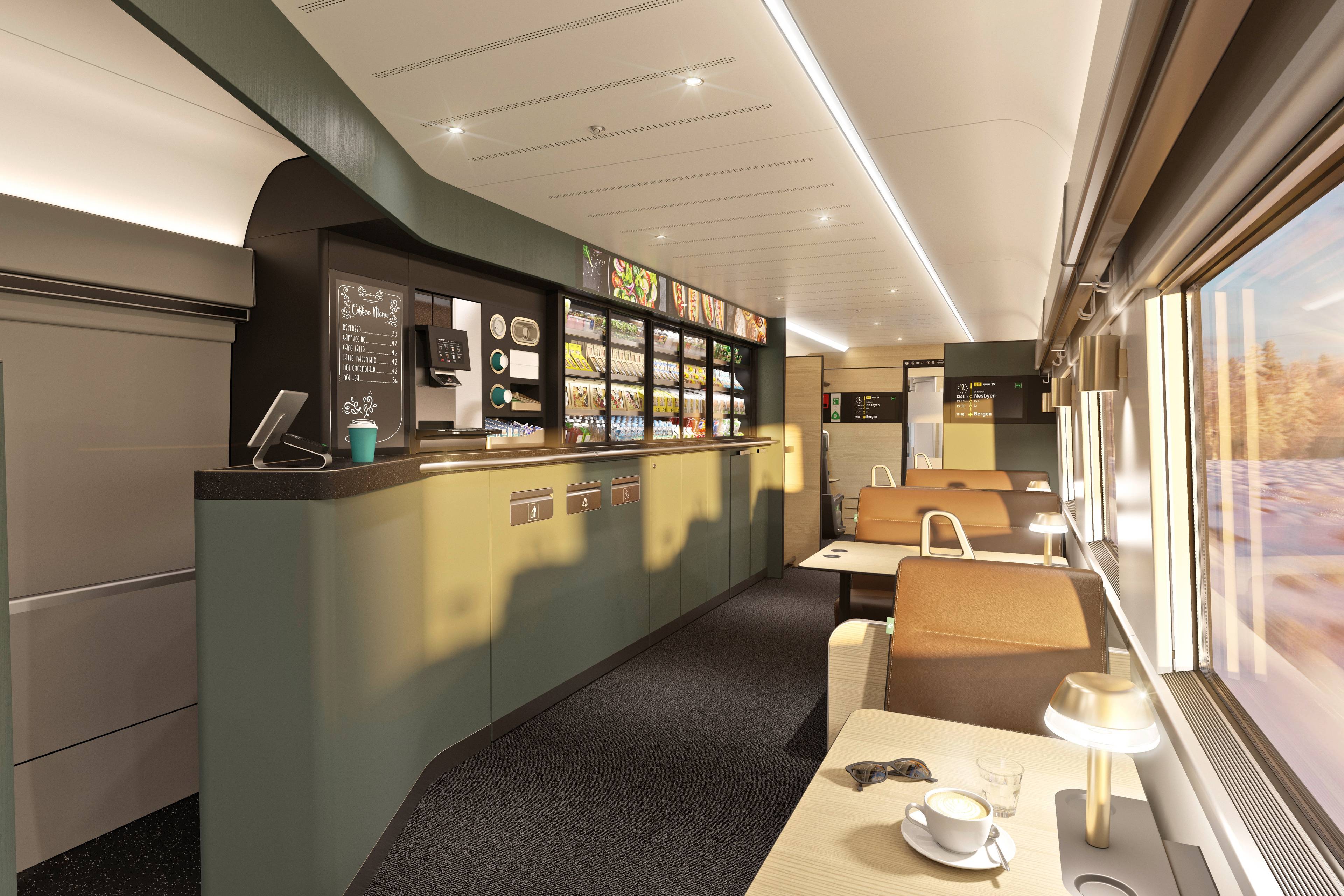 Kiosk/restaurantvogn på de nye fjerntogene