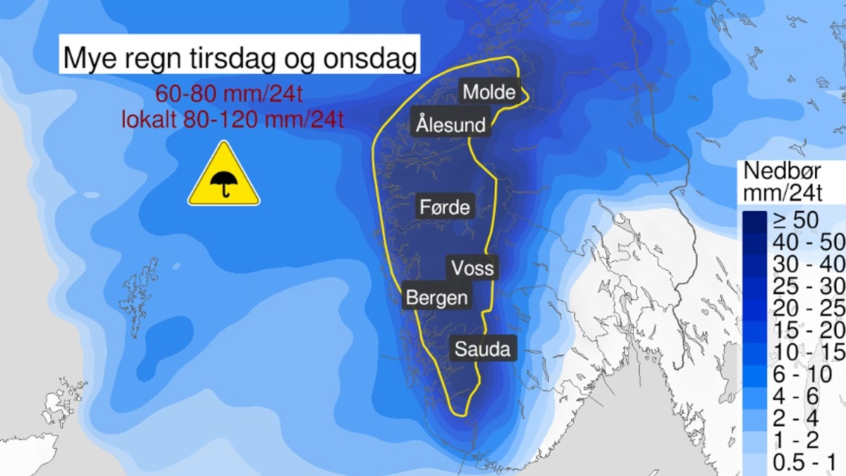 Atmosfærisk elv treffer Vestlandet: Farevarsel for ekstrem nedbør og skred