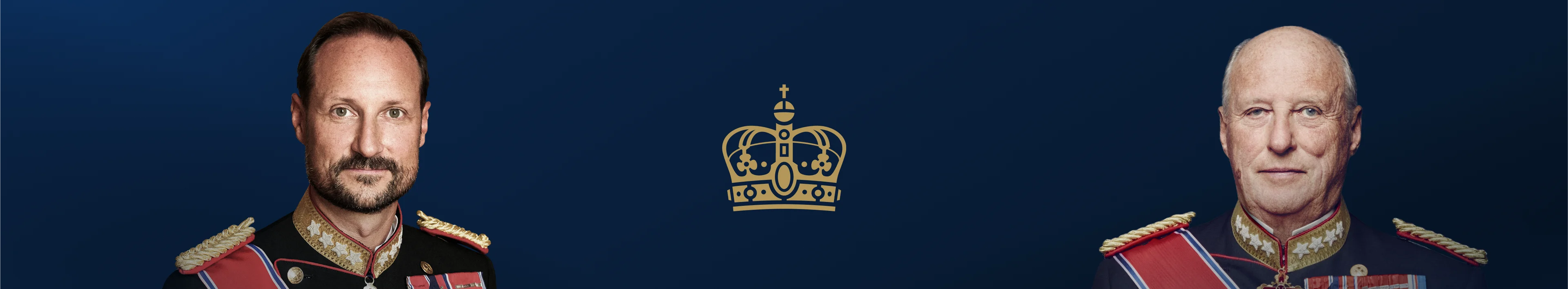 Mørkeblått banner med bilder av Haakon og Harald