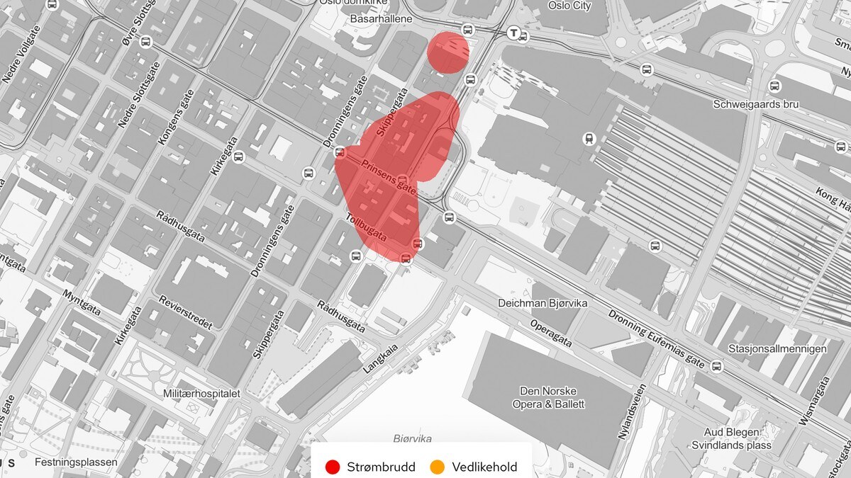 strømbrudd i Oslo sentrum FOTO: Skjermdump Elvia/NTB