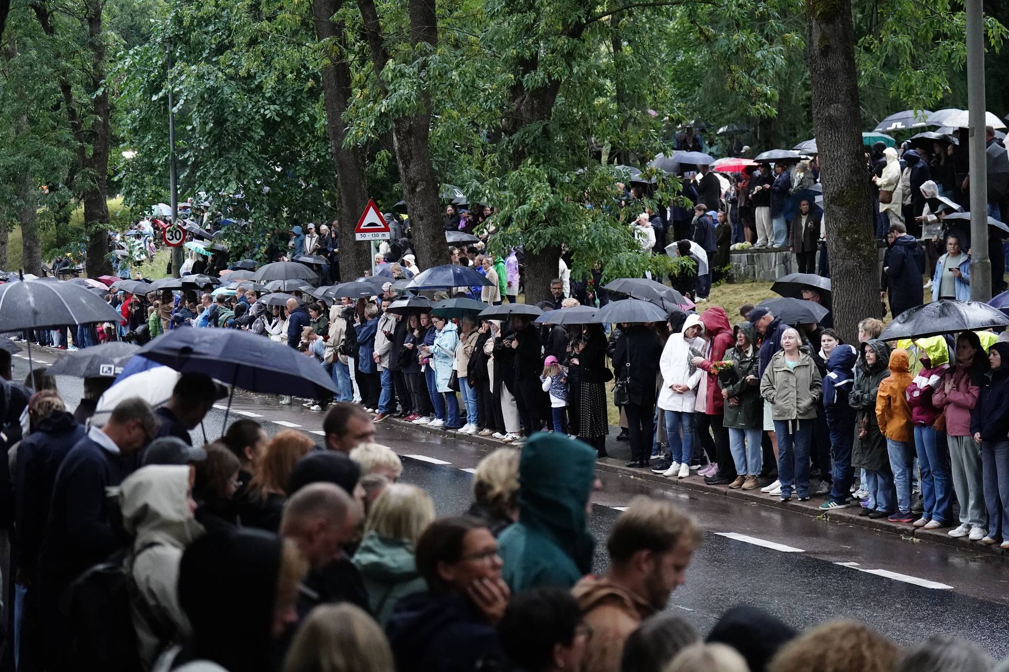En folkemengde med paraplyer står langs en vei under gråvær. (Bildebeskrivelsen er laget av en KI-tjeneste)