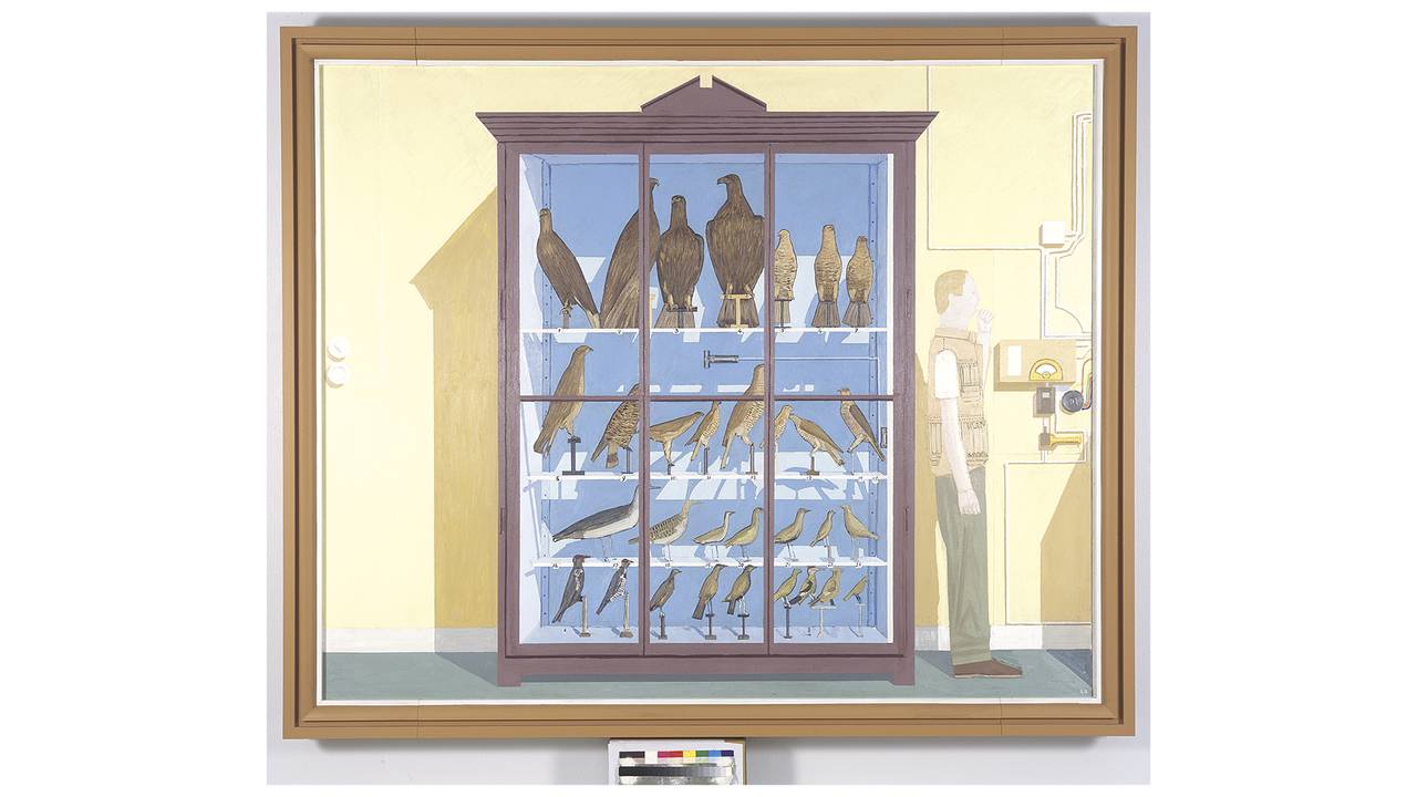 Leonard Rickhard, Stort fugleskap mot gul vegg, 2005–07. Christian Bjellands samling.