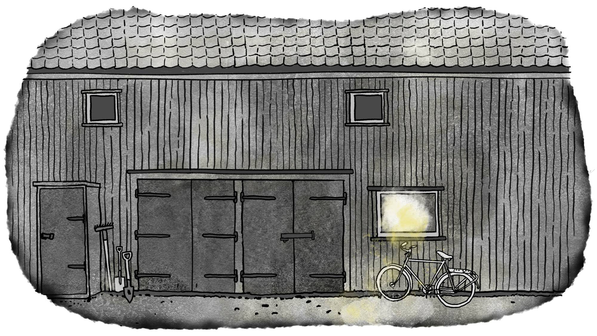 Tegning av en låve på gården Håkestad i Tjølling. Det lyser i det ene vinduet.