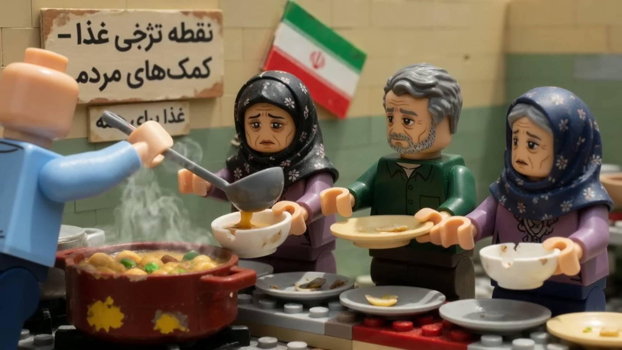 Bilde som viser iranske legofigurer som mottar suppe. 