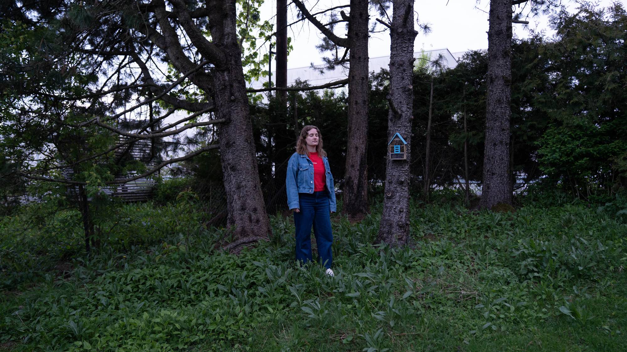 en kvinne som står på et gressområde med trær bak.