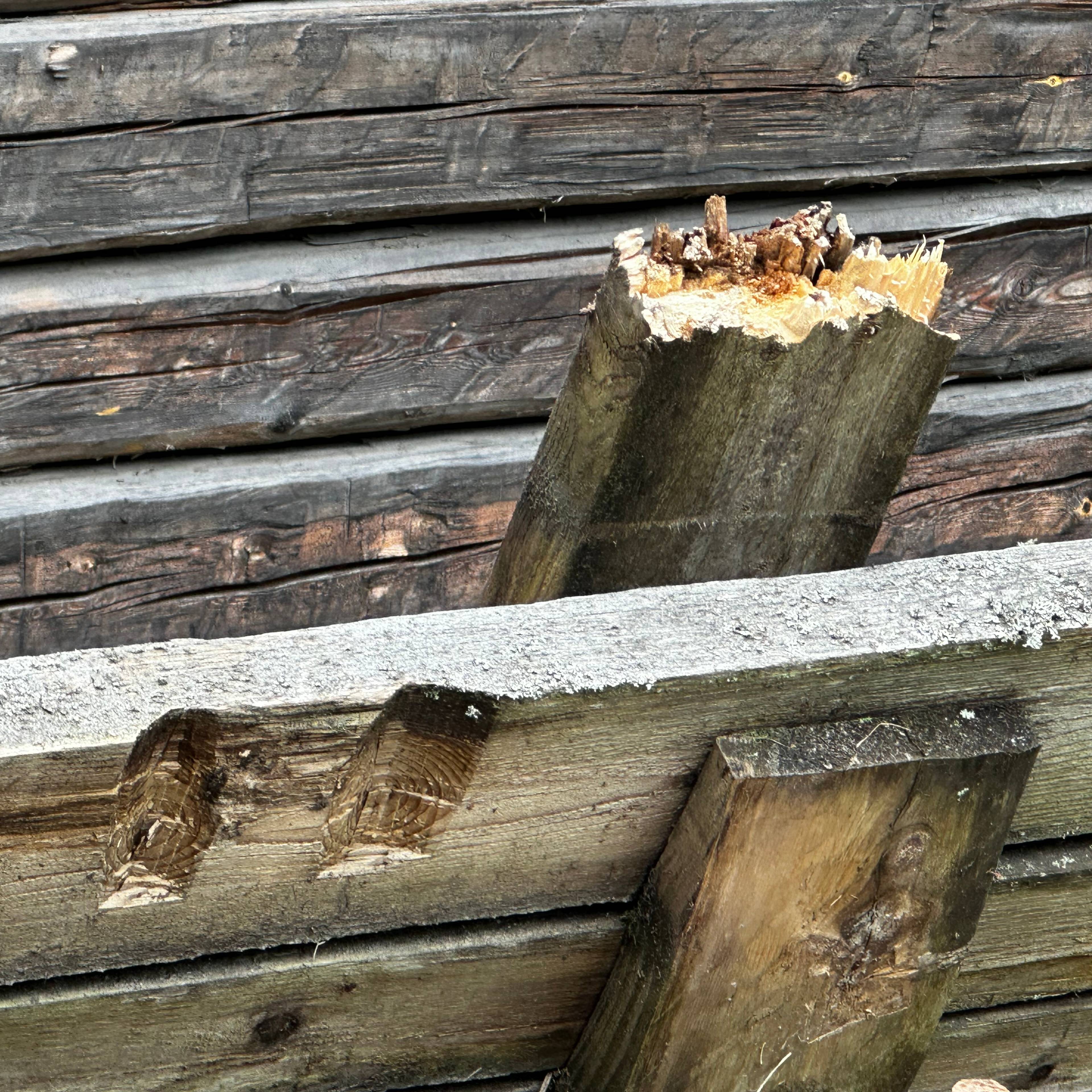 Knekte treplanker ligger inntil en tømmervegg.