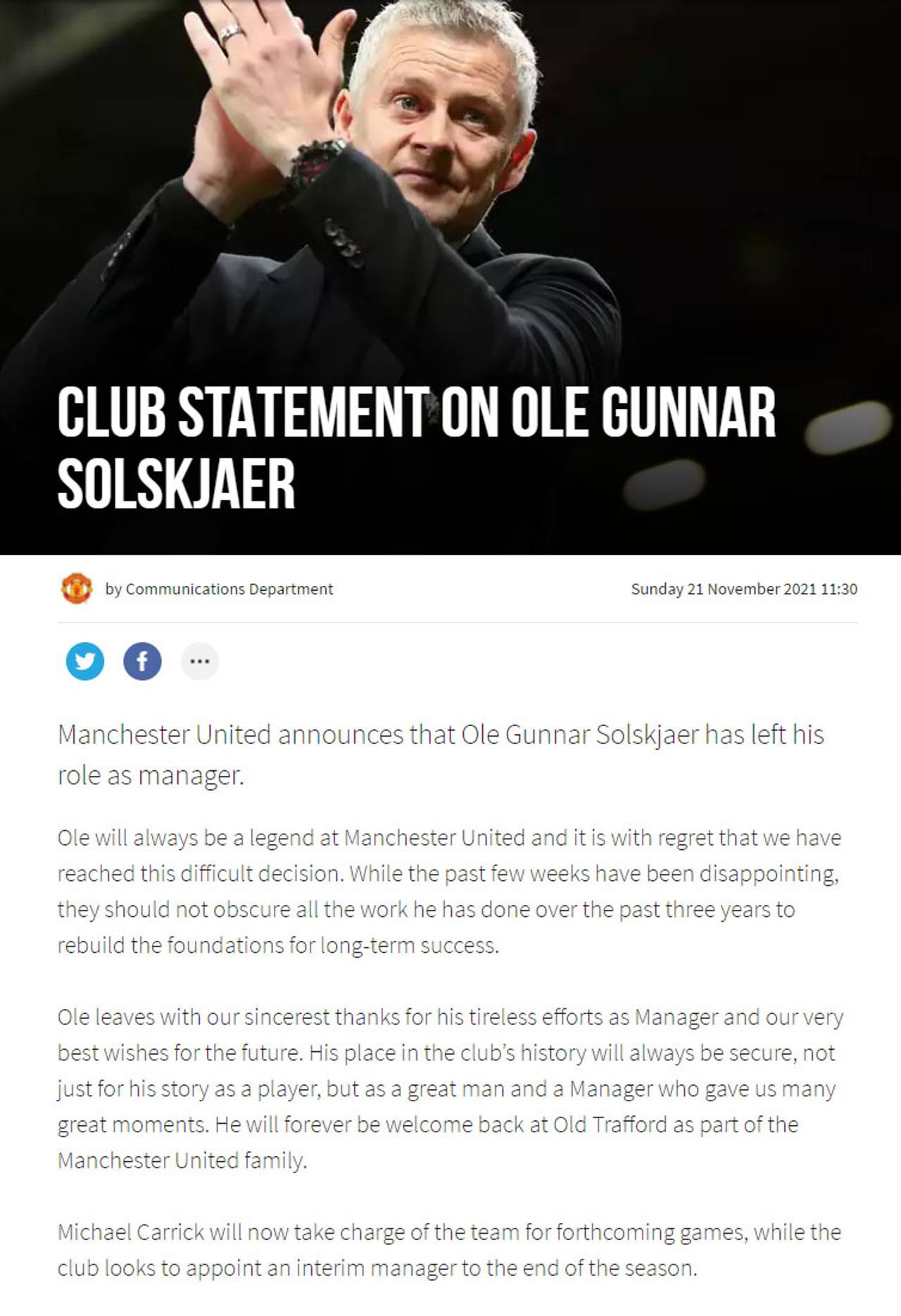 Faksimile av pressemeldingen da Ole Gunnar Solskjær forlot sjefsstolen i Manchester United.
