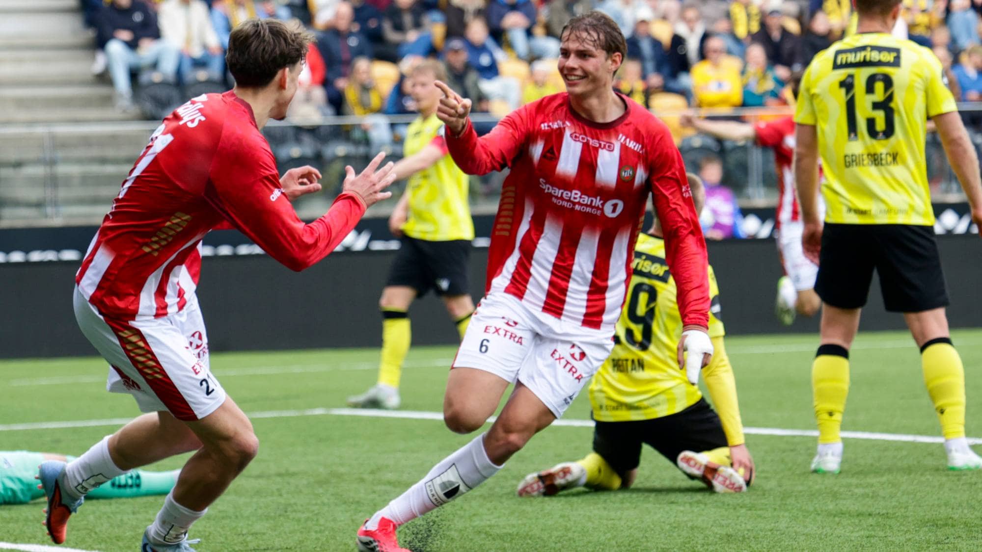 Tromsøs Jens Hjertø-Dahl jubler for 1-0 under eliteseriekampen i fotball mellom Start og Tromsø på Sparebanken Norge Arena Kristiansand.